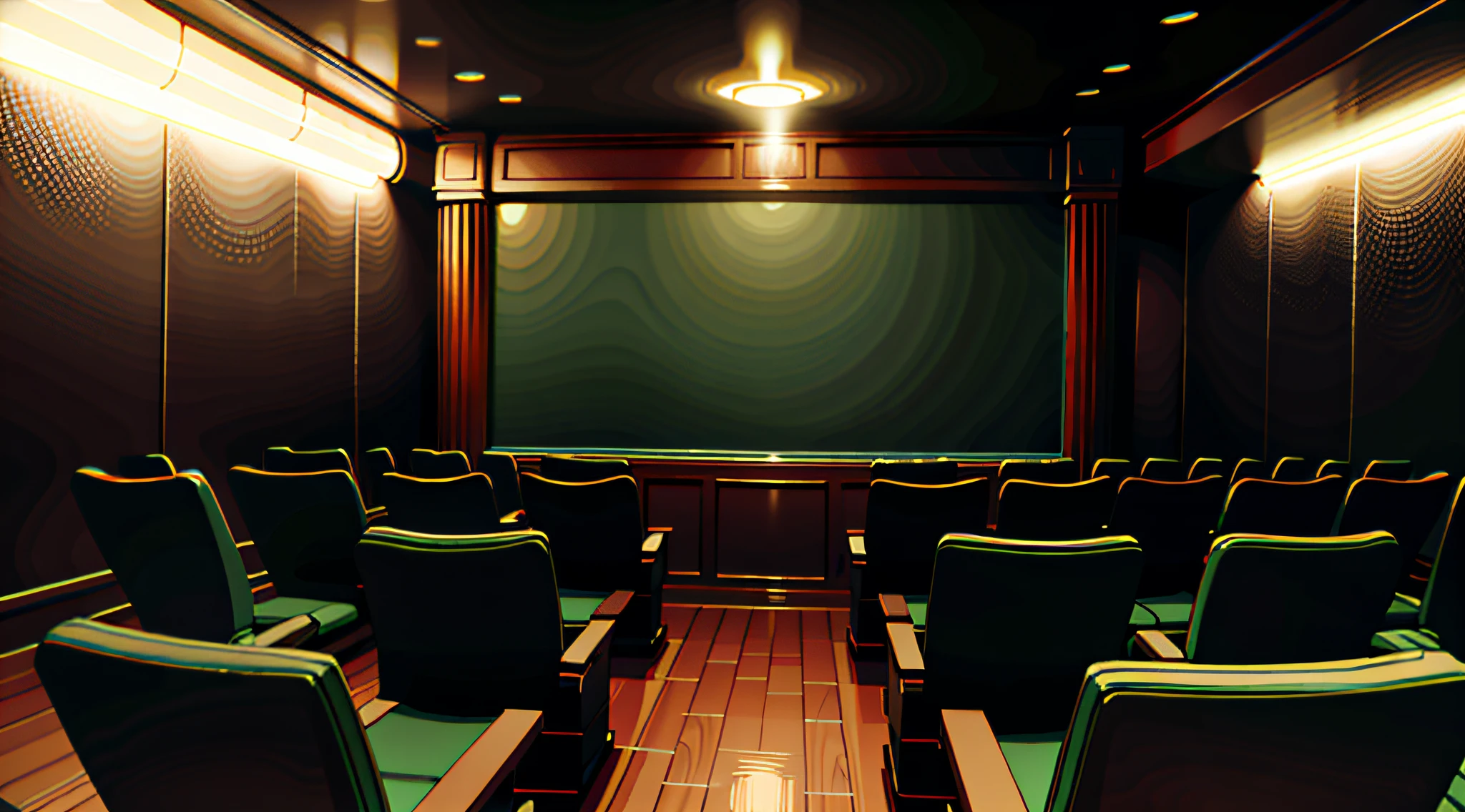 uma tela de cinema verde, uma sala antiga