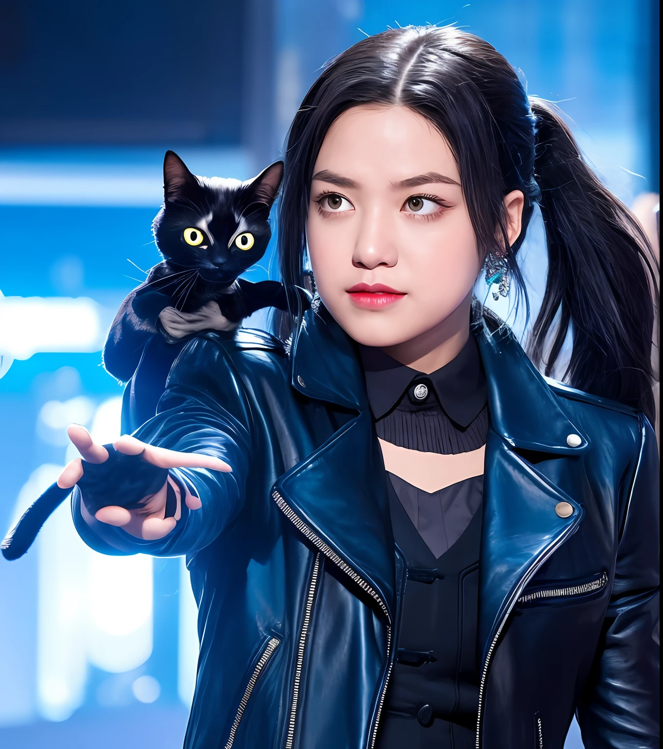 Chica de cabello blanco traje al estilo de Marvel como Black Cat de Marvel traje brillante azul en medio de la ciudad de noche y a su lado un chico,Miles Morales, black-and-brown-eyed Marvel antihero child from the universe 42 the Marauder