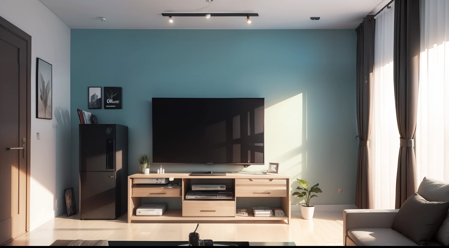 sala de apartamento, mobiliado estilo americano com uma grande tv fina na parede, detaliado, 8k