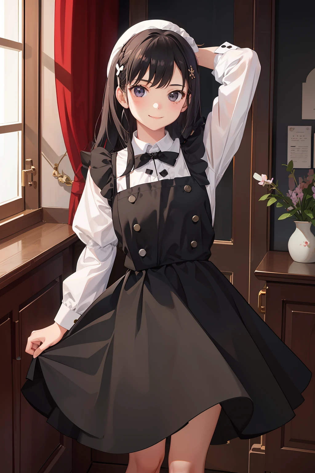 1girl in、A smile、A delightful、skirt by the、(small tits)Chilarism、doress、pinafore,,,,,,、Maids,,,,,,,,、A dark-haired、hair adornments、movement、