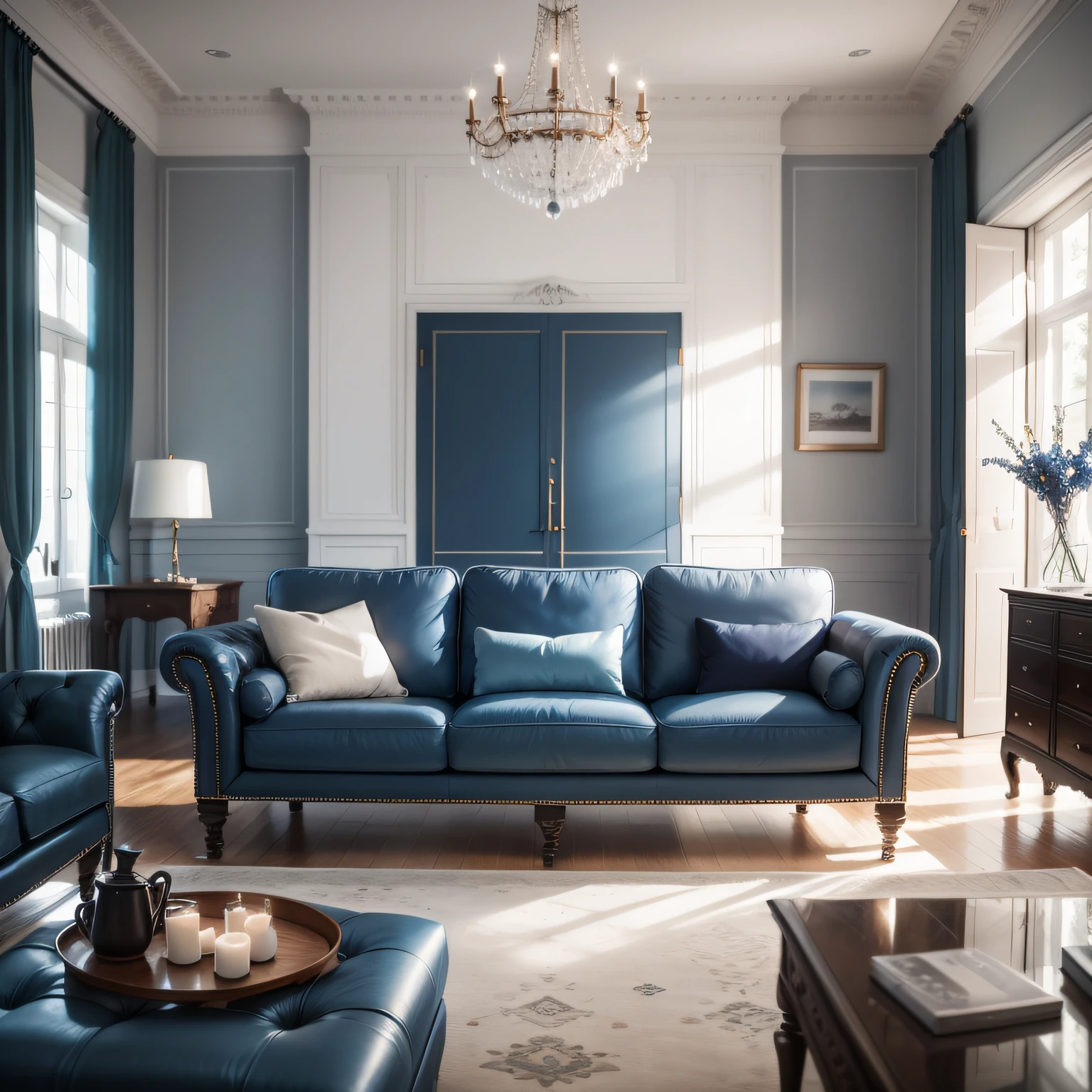 Uma sala contemporanea em tons de cinza. Oil blue sofas and grey armchairs with blue cushions. Candeeiro suspenso de cristal.