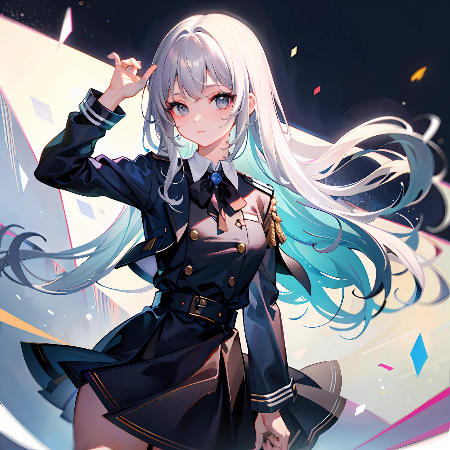 (masterpiece), (best quality), (ultra-high quality), one girl, a girl with gray hair, cute, dress, uniform, idol,