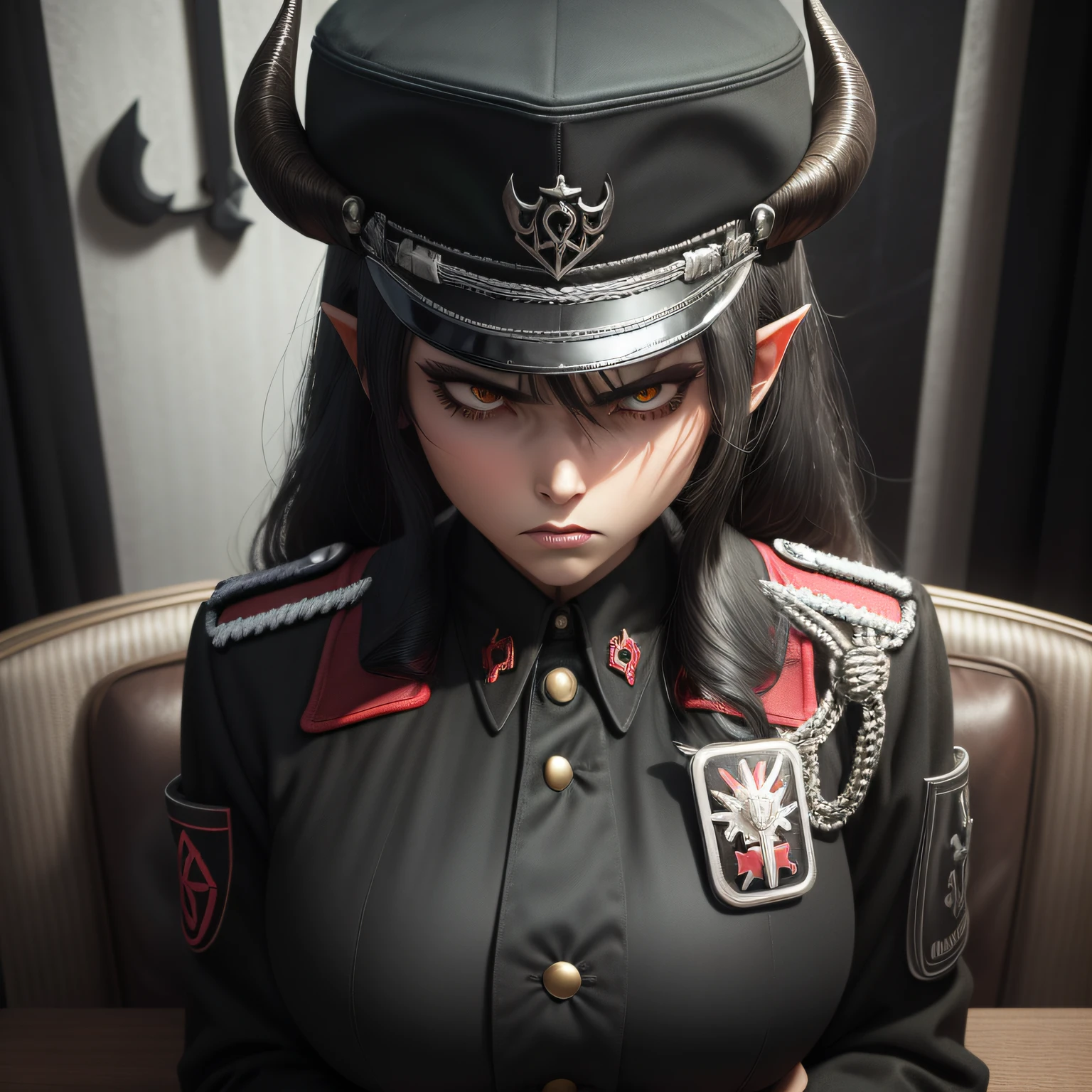 Woman with very dark black hair with horns and horns on her head sitting at a table, menina anime demon, 2. 5 d cgi anime fantasia arte | | | | | | | | | | | | | | | |, portrait of demon girl, 3 d render arte do caractere 8 k, Demon girl, arte de anime digital detalhada, deviantart artstation cgscosiety, Succubus bonito | | | | | | | | | | | | | | | |, arte conceitual escura fotorrealista, Arte digital altamente detalhada em 4 k, militar, (((Military cap on head))), (((musculoso))), (((angry expression))), folded arms, expression of contempt, Foco sob o queixo, baixa claridade, mulher Musculoso, (((Assustadora))).