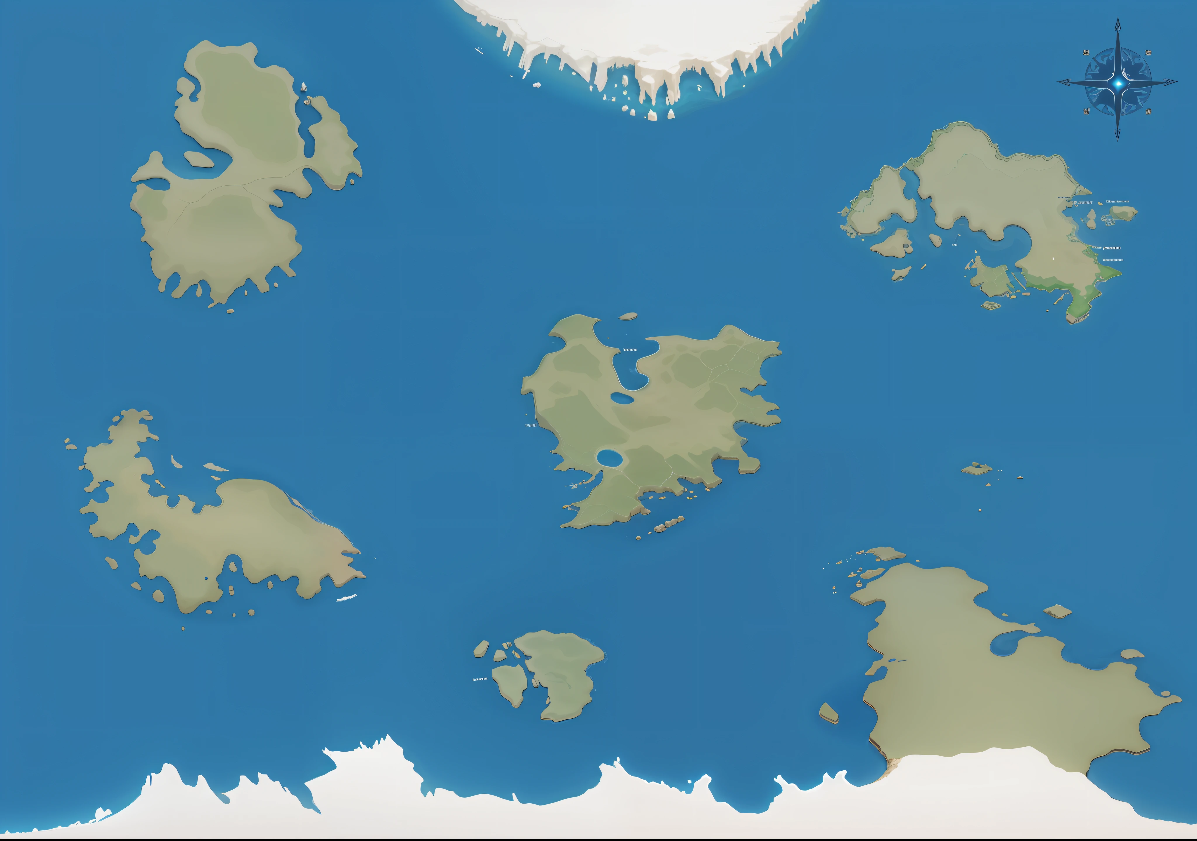 Specification of Continents:
1. Continente A: Formato circular, clima tropical com florestas exuberantes e rios sinuosos.
2. Continente B: Formato estreito e sinuoso, arid climate with scorching deserts and deep canyons.
3. Continente C: Large landmass with peninsulas, temperate climate with vast plains and mountains to the north.
4. Continente D: Irregular formatting, clima polar com tundras congelantes e geleiras imponentes.
5. Continente E: Ilha isolada, subtropical climate with mystical forests and rocky coasts.
Graphic Quality: High resolution for extreme zoom during gameplay.
Bordas Naturais: Cadeias de montanhas nas bordas de A e C, penhascos costeiros em B e D, e escarpas em E.
Biome Transitions: Smooth to ensure realistic transitions between biomes.
Variedade de Profundidades dos Oceanos: Oceanos apresentando diferentes tons de azul, with darker colors indicating deeper areas.