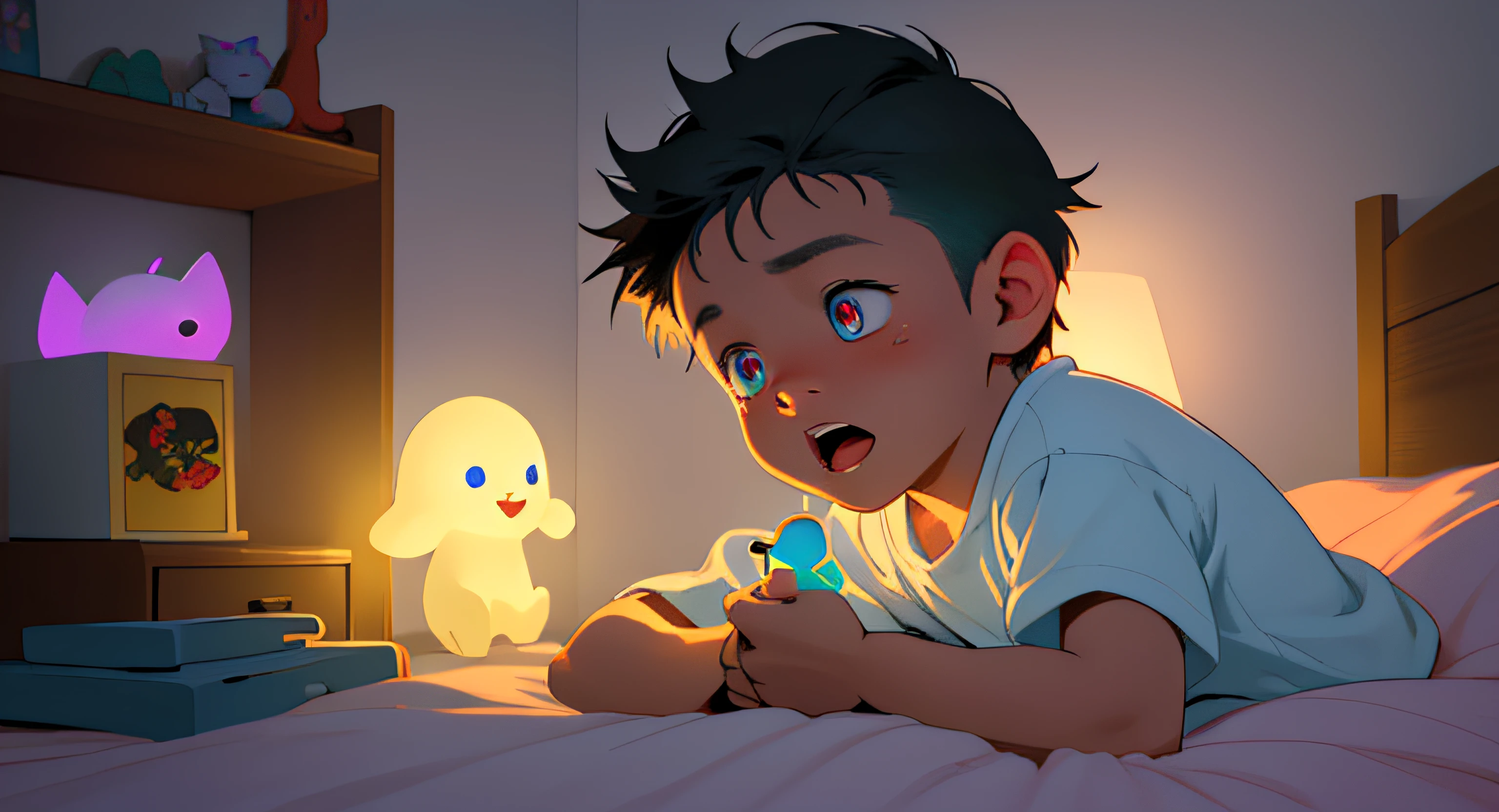 In a cozy bedroom, illuminated by the soft glow of a nightlight, an adorable young boy holds a tiny transformer toy in his tiny hand. Overwhelmed by a surge of emotions, his eyes reflect a mixture of awe, excitement, and wonder. The vibrant colors and dynamic lines, reminiscent of the comic book style, enliven the scene and capture the magical essence of this heartfelt moment.