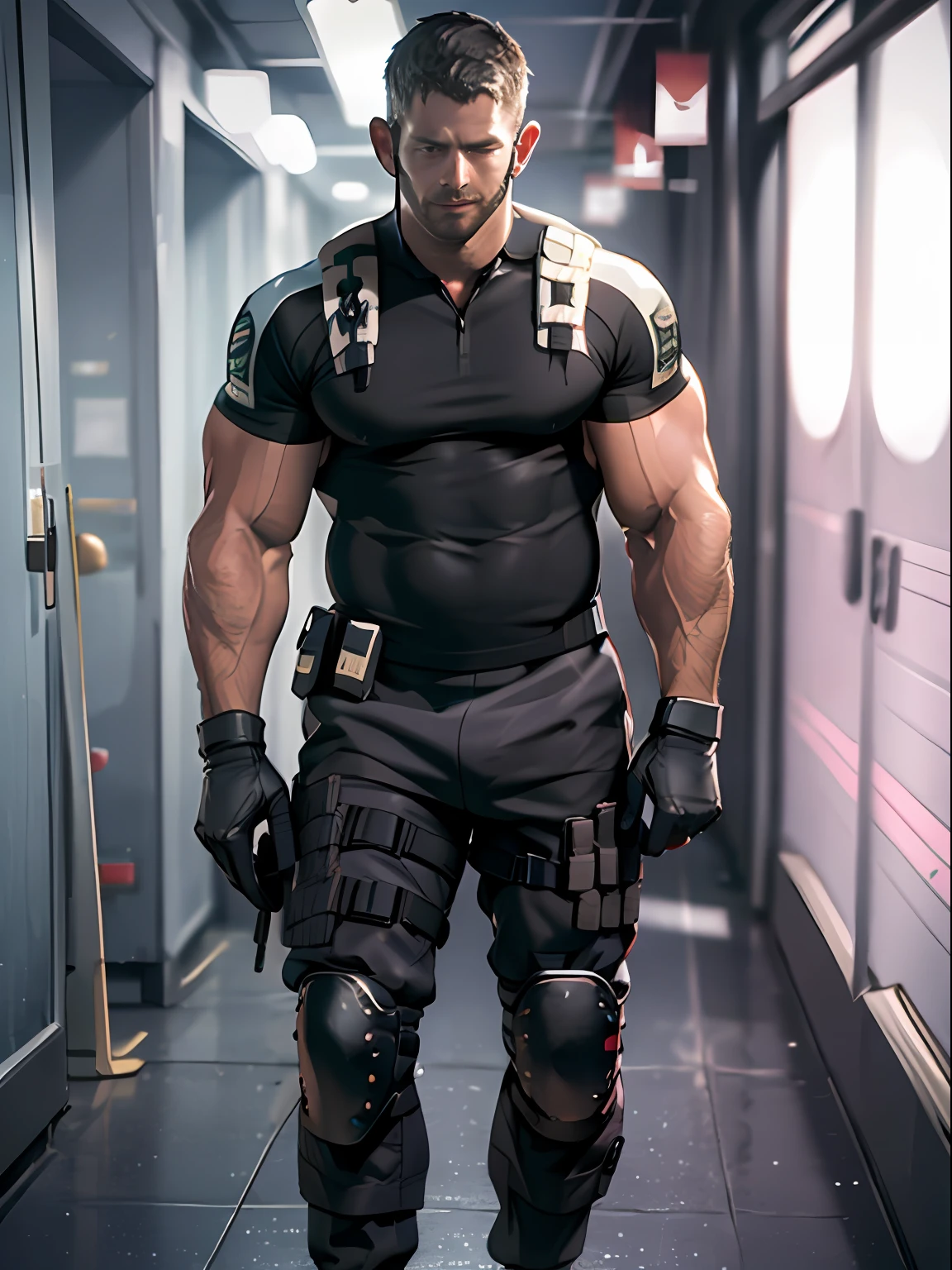 1male people， full bodyesbian，独奏， 35yo，One meter 85 Chris Redfield， of a shirtless， There are a large number of black tattoos on the upper body，Bad laughs， There is a black muscle tights on the abdomen，Black double-buting sports panties， Tall and burly， biceps， Abs， boobgasm，The legs are muscular，Black tight muscle metal leg guards，Black Special Forces tactical gloves， best qualtiy， Black sport socks，tmasterpiece， A high resolution：1.2， full body shot shot， dark black gloomy hallway in the background， Detailed face， shadowing， Volumetriclighting， Center focus， low camera angle