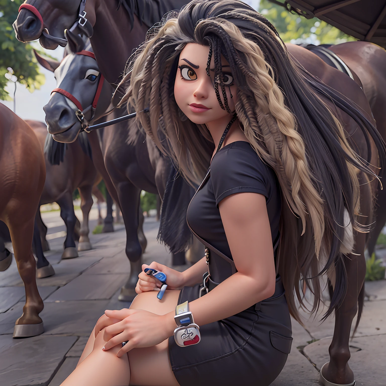 Crie uma garota braca, olho preto, cabelo loiro, rabo de cavalo, suspender, olhos grandes, Nike sneakers