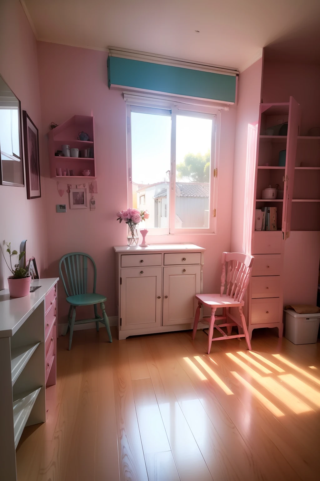 ((Mueble pintado unicamente en 2 tonos de color rosa)), ventana ennla pared detras de la mesada dejando entrar mucha luz del sol, iluminacion volumetrica