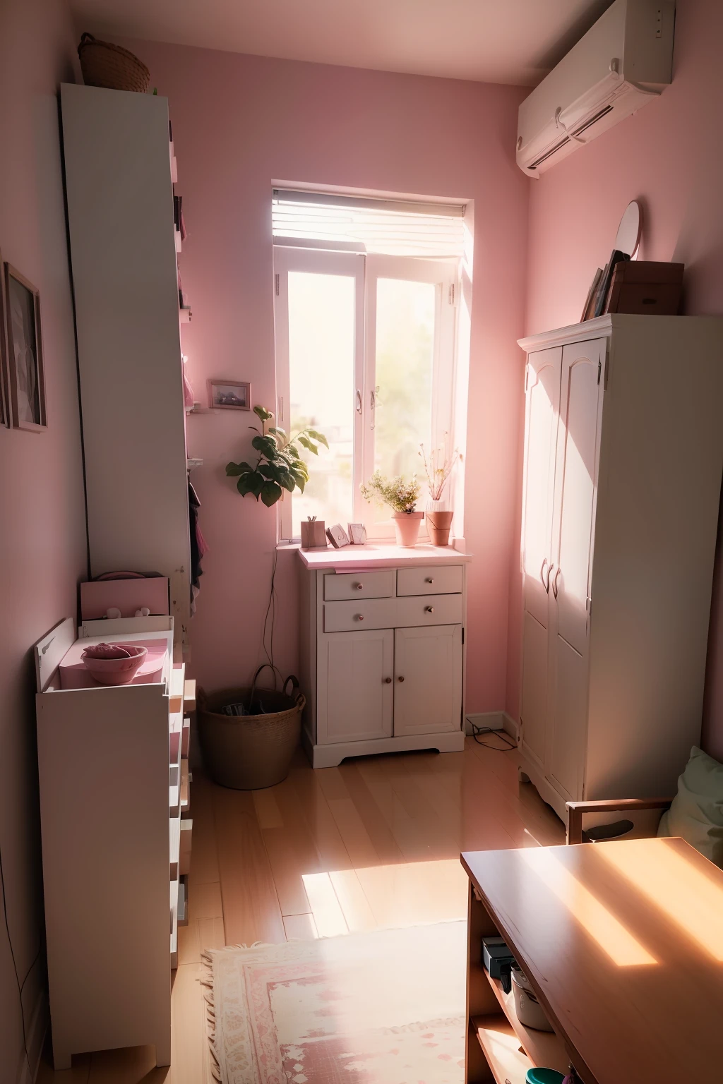 ((Mueble pintado unicamente en 2 tonos de color rosa)), ventana ennla pared detras de la mesada dejando entrar mucha luz del sol, iluminacion volumetrica