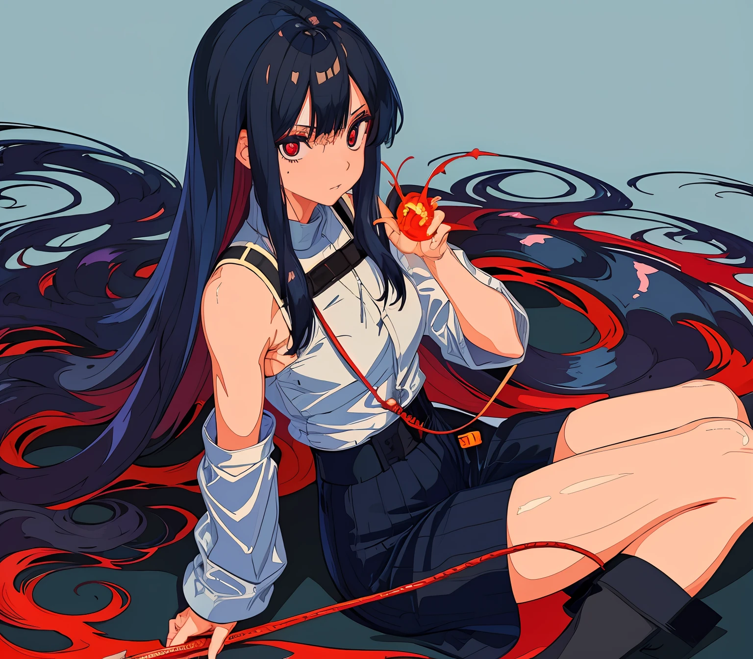 1girl, blue fire spirit girl, long black hair, red pupils, blue fires, innocent face, her legs are blue fire