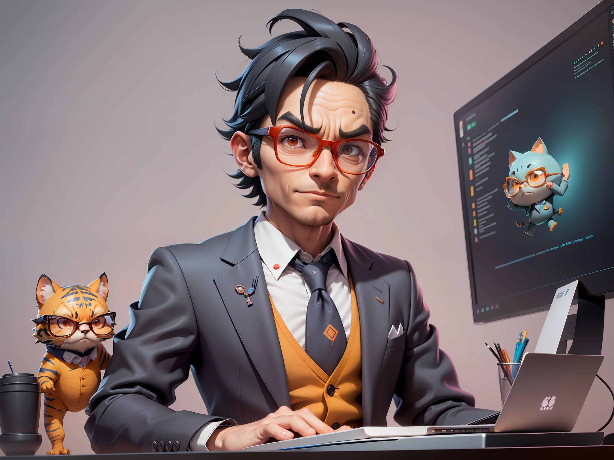 A young man in a suit, Short hair and glasses sat at his desk，holding laptop，digitial painting，tigre，3D character design by Mark Clairen and Pixar and Hayao Miyazaki and Akira Toriyama，4K HD illustration，Very detailed facial features and cartoon-style visuals。