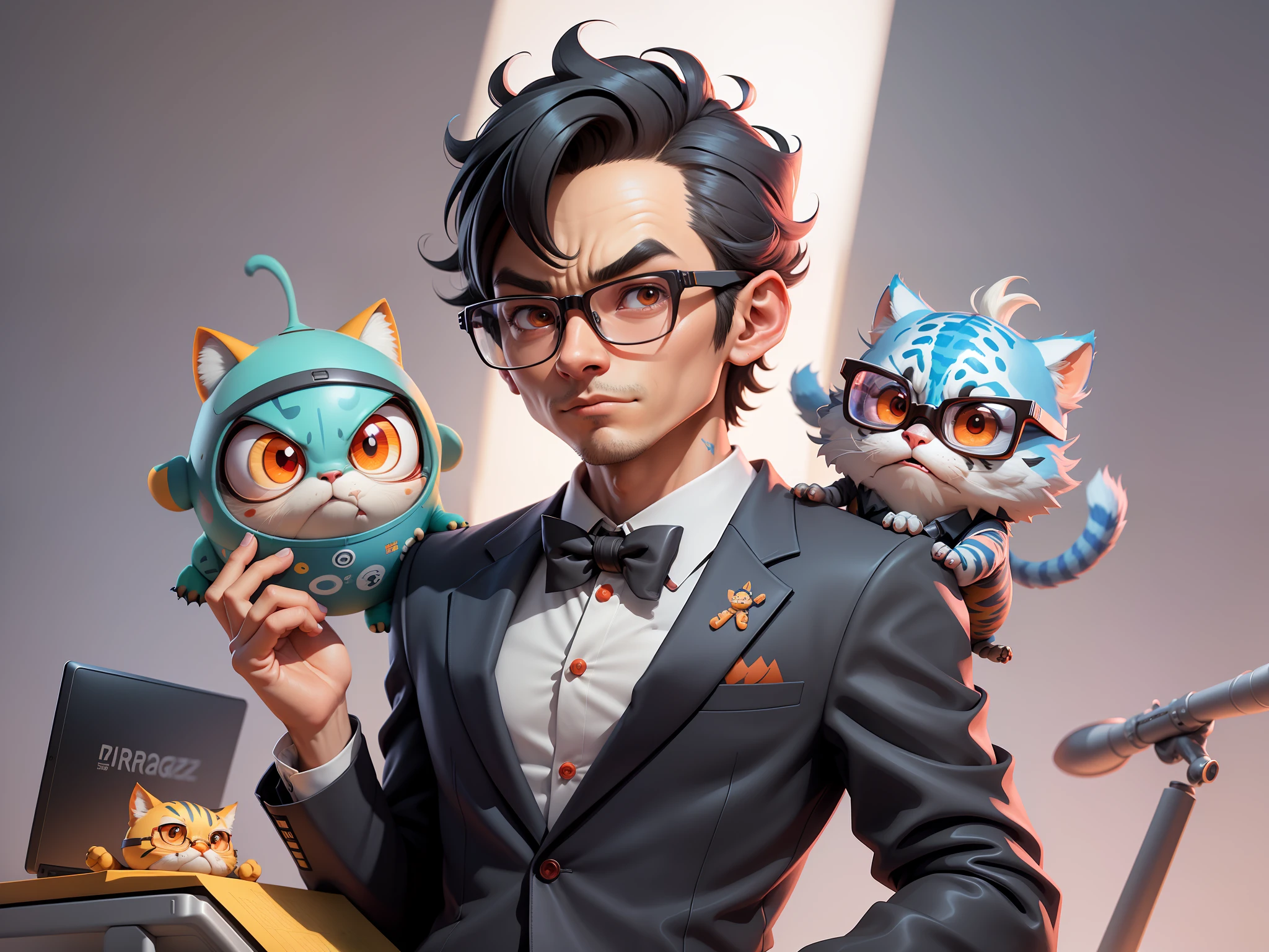 A young man in a suit, Short hair and glasses sat at his desk,holding laptop,digitial painting,tigre,3D character design by Mark Clairen and Pixar and Hayao Miyazaki and Akira Toriyama,4K HD illustration,Very detailed facial features and cartoon-style visuals。