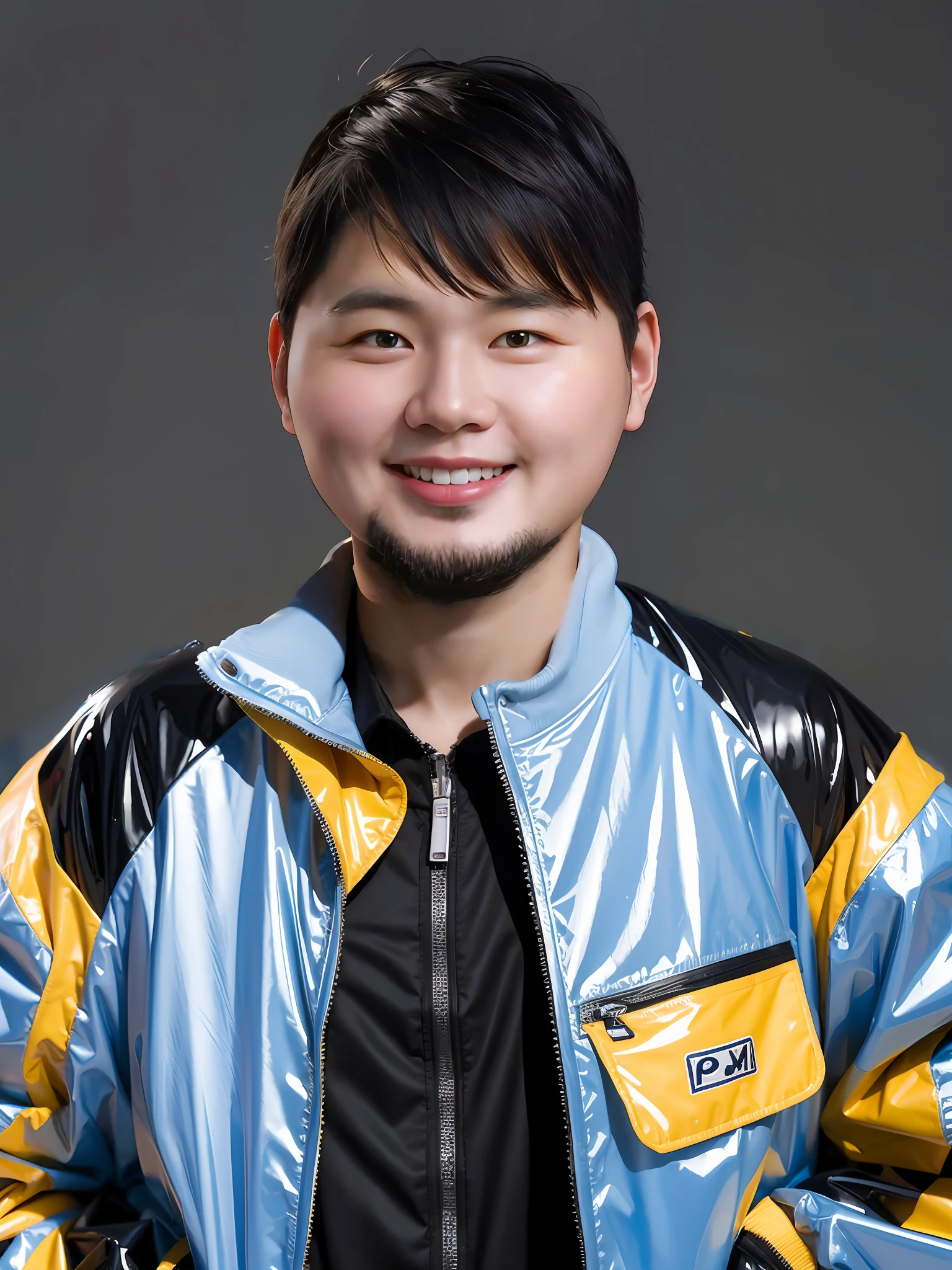 A Chinese male high school student，Wear a sweatshirt and raincoat in PVC，wearing hat，There are zippers