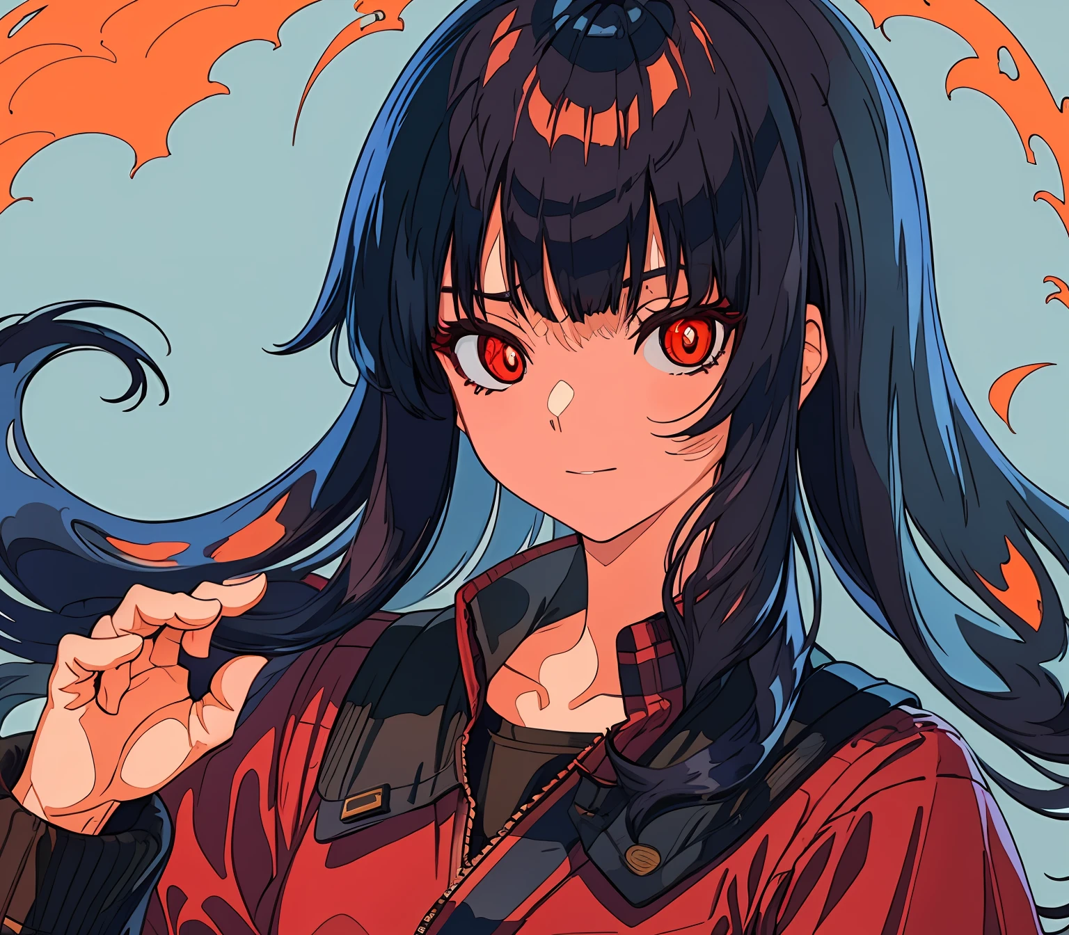 1girl, fire spirit girl, long black hair, red pupils, blue fires, innocent face