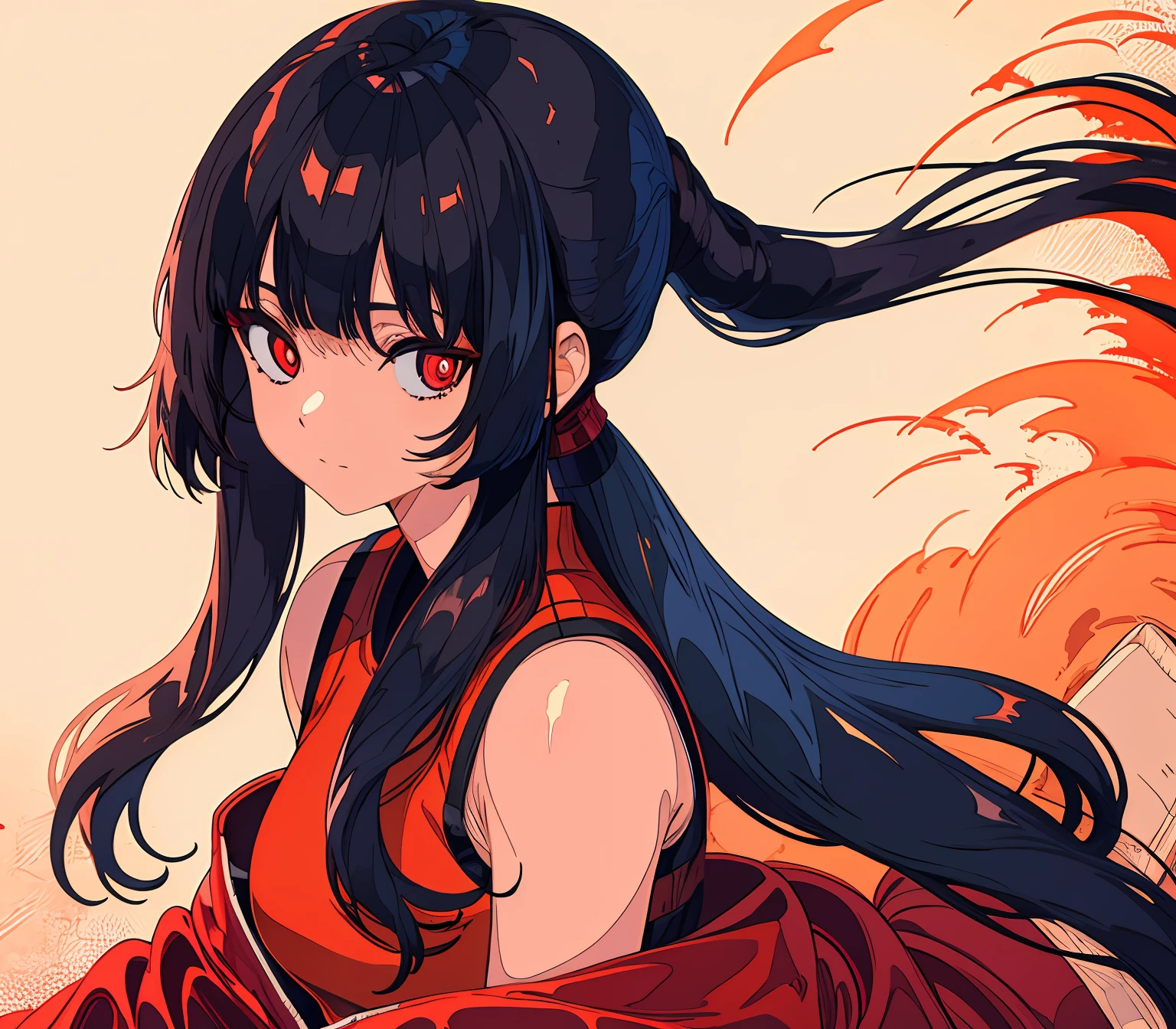 1girl, fire spirit girl, long black hair, red pupils, blue fires, innocent face