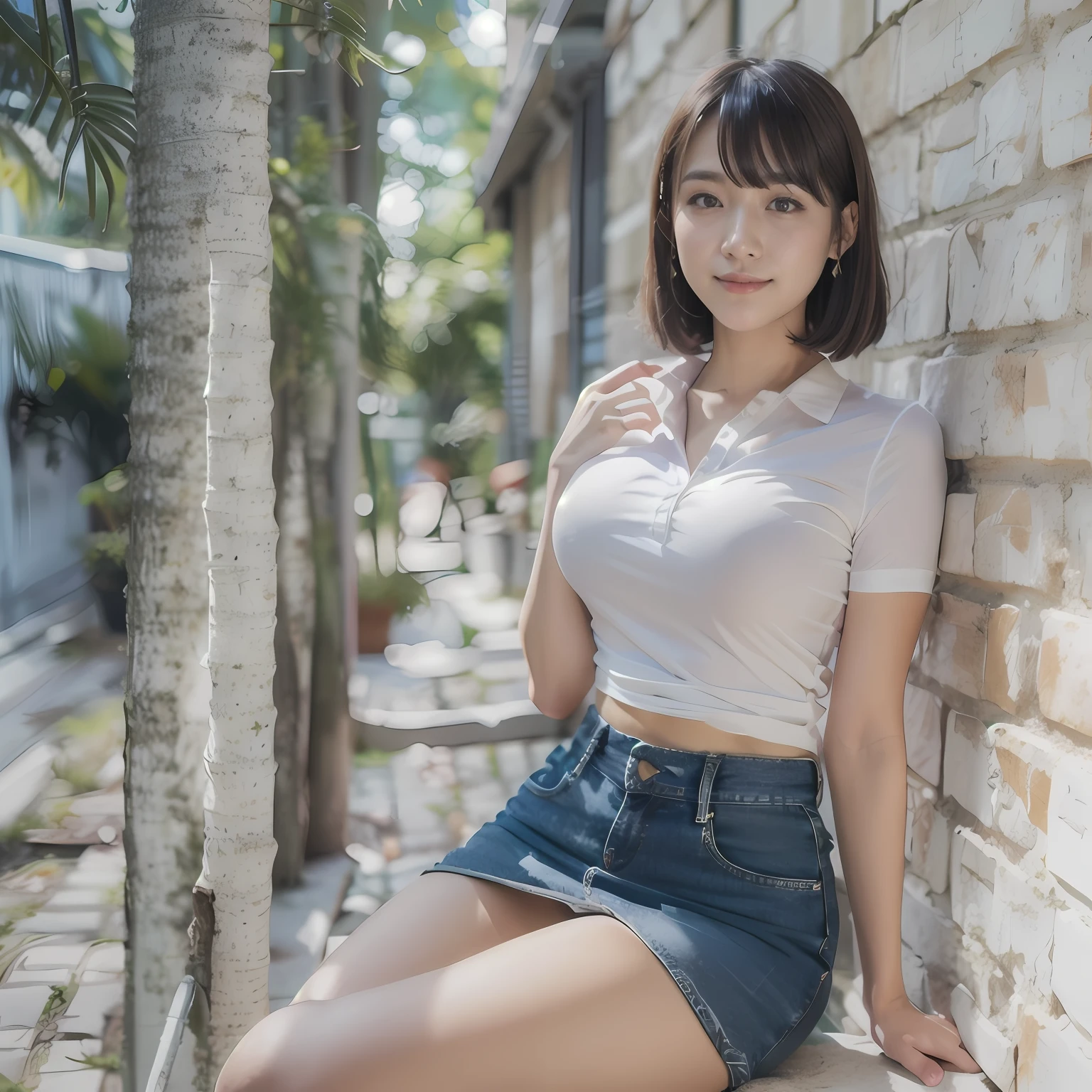 Araffe asian woman sitting on a ledge in a white shirt and denim skirt ...