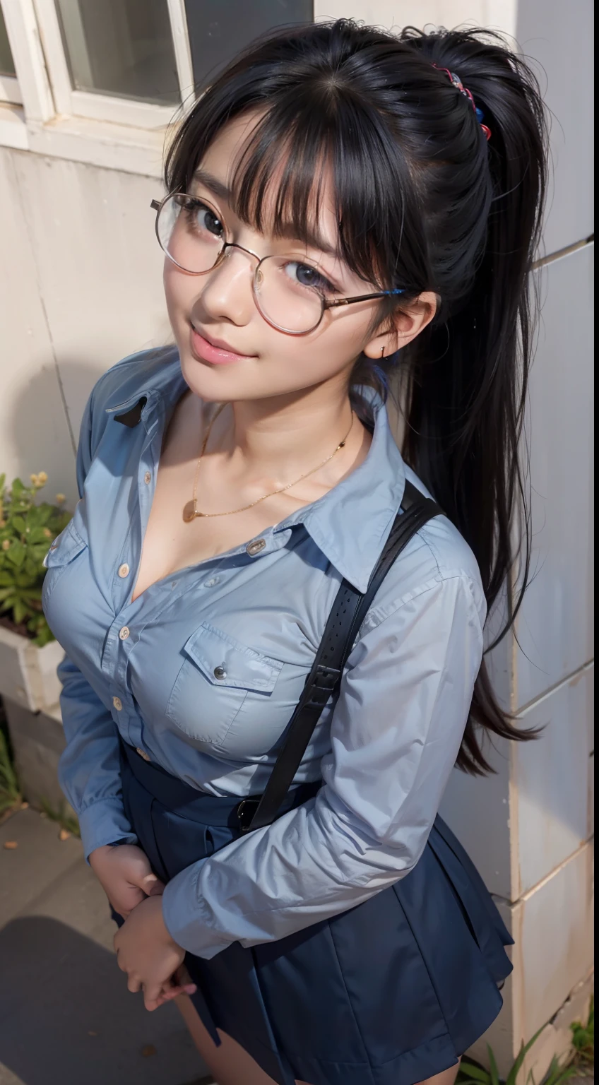 A hyper-realistic、Angle from above、Looking Up、Black-haired schoolgirl、Round glasses、flat chest、ponytail with bangs in the central part,,,,、Casual dress、skirt by the、A smile、Big black eyes、Beautiful eyes、Country town on a summer day、blue-sky、A detailed eye、A detailed face、Top resolution、Hi-Res、​masterpiece