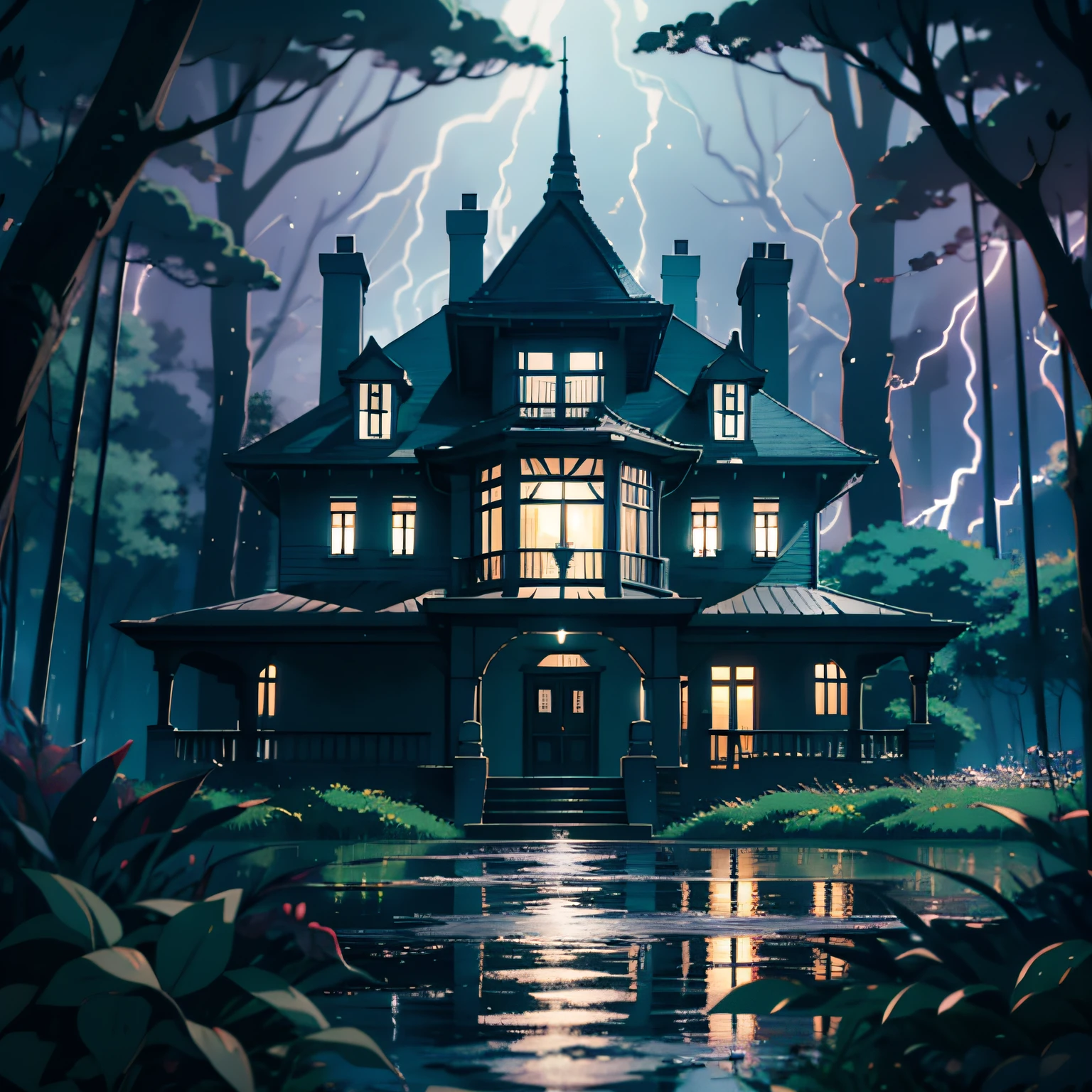 Estilo anime, Haunted mansion in the middle of the forest at night, floresta ressecada, vista de frente, assustador, chuva, chuva intensa, lightnings