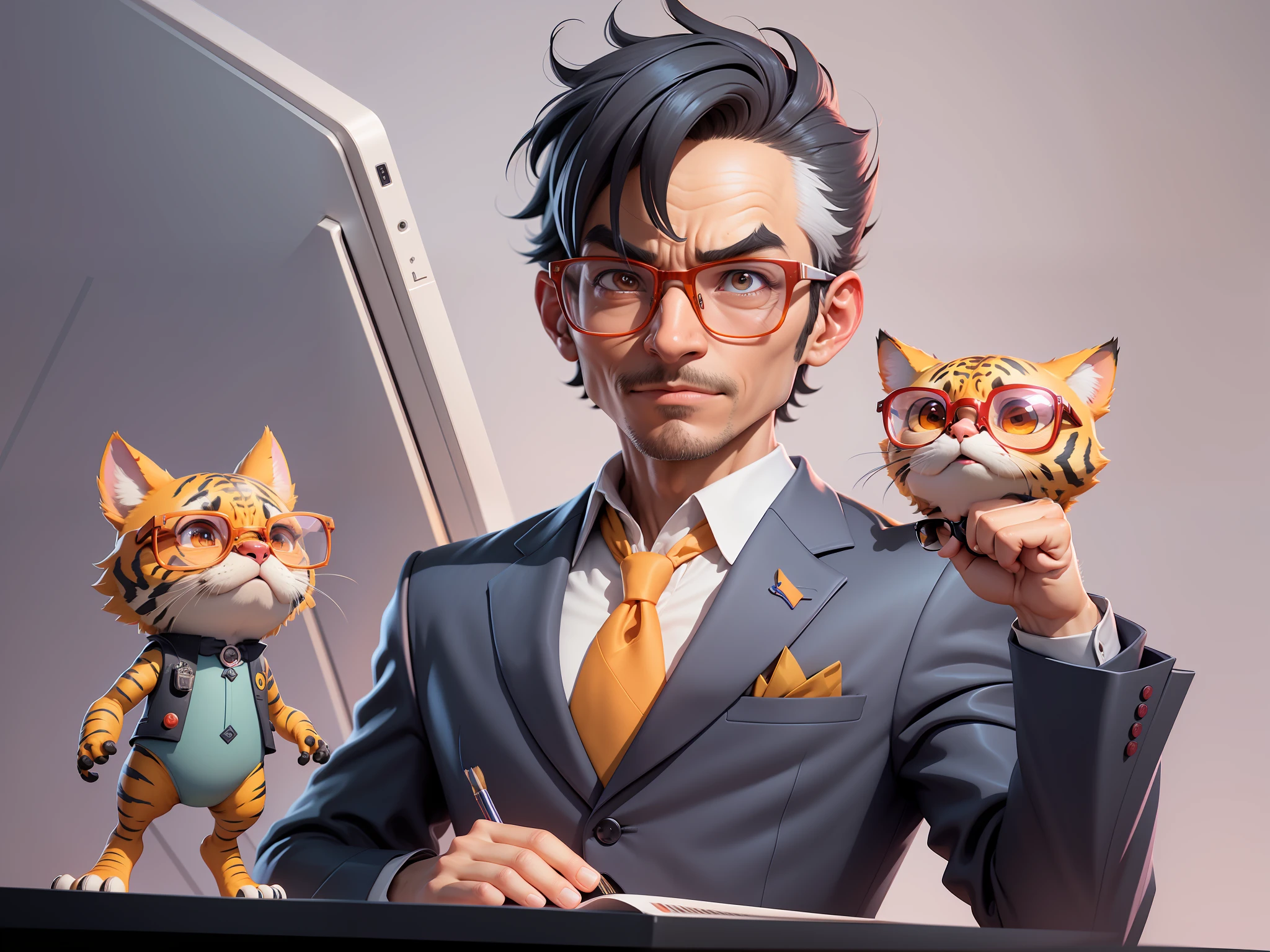 A young man in a suit, Short hair and glasses sat at his desk，holding laptop，digitial painting，tigre，3D character design by Mark Clairen and Pixar and Hayao Miyazaki and Akira Toriyama，4K HD illustration，Very detailed facial features and cartoon-style visuals。