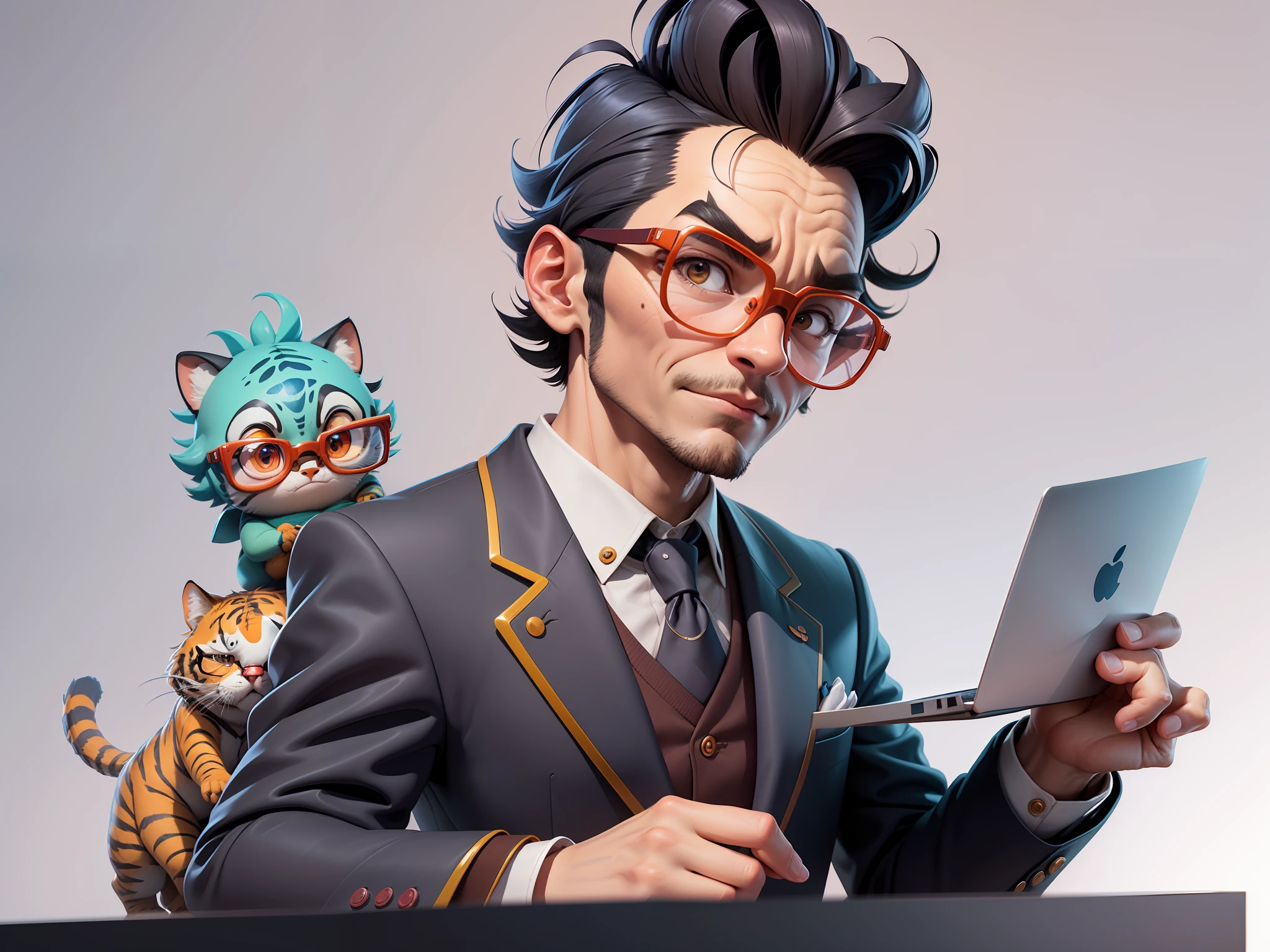 A young man in a suit, Short hair and glasses sat at his desk,holding laptop,digitial painting,tigre,3D character design by Mark Clairen and Pixar and Hayao Miyazaki and Akira Toriyama,4K HD illustration,Very detailed facial features and cartoon-style visuals。