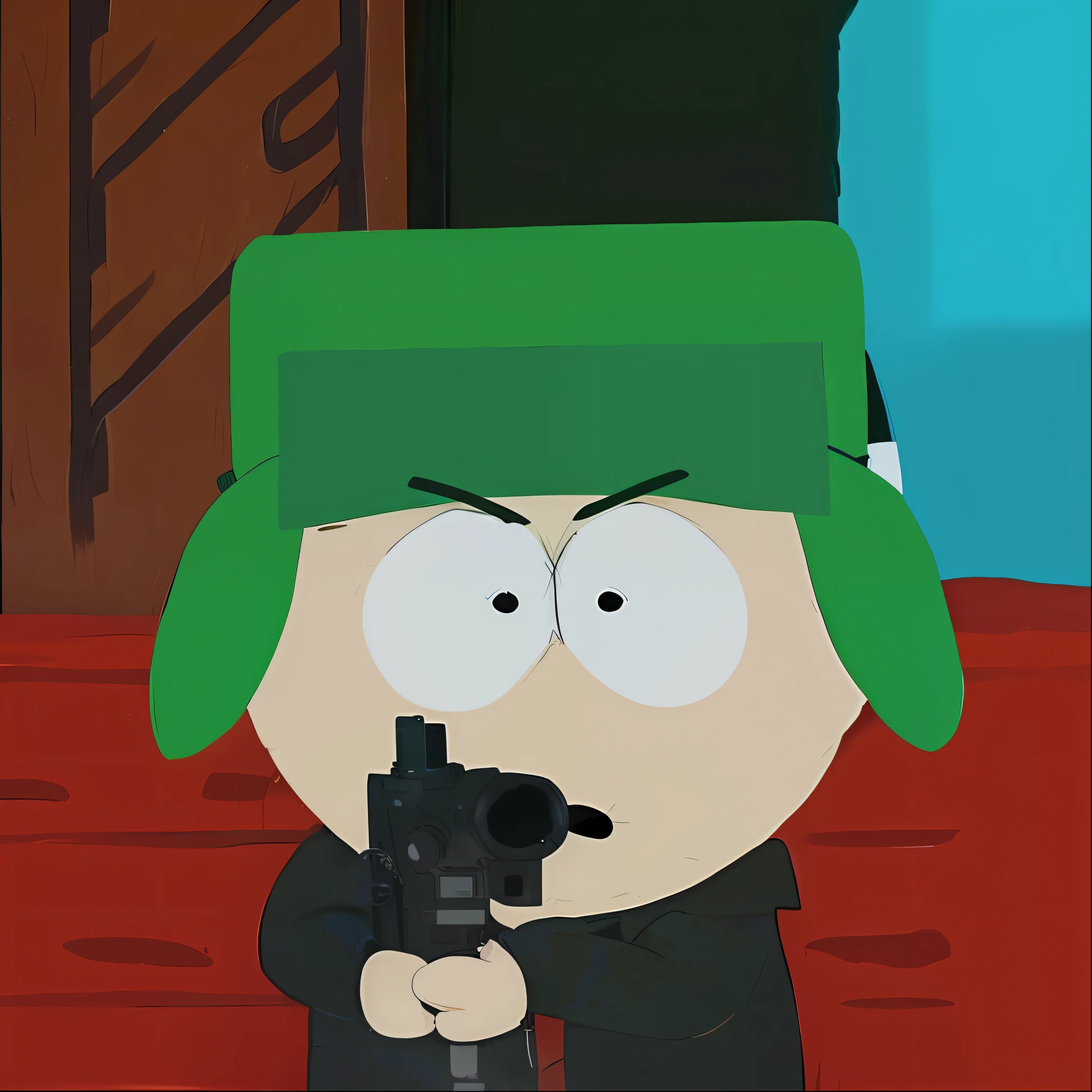 a cartoon image of a man with a gun in his hand, Em estilo de South Park, Estilo South Park, Parque Sul, Eric Cartman, green head, Eric Cartman na vida real, ele tem cabelos grisalhos escuros, green doom guy, nojo, espreitando do seu pesado, ele tem uma pistola, ele tem uma pistola!!, Estilo Matt Groening, make earrings on it, Gangstar, chain in the neck