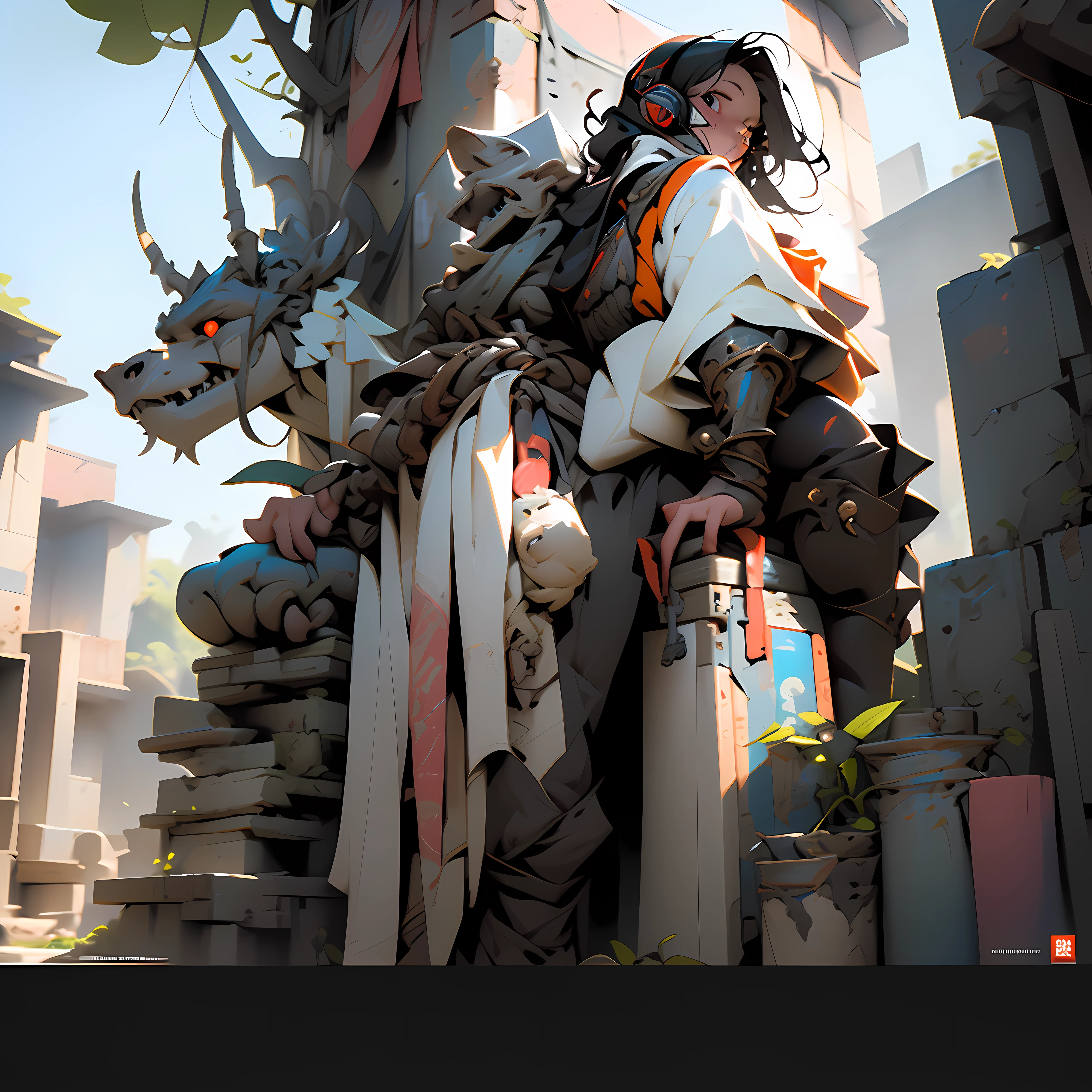 ((holy Angel)),Create an AI illustration of a young girl with black short hair, shiny hair, colored inner hair, floating hair, red eyes, (eyepatch), and headphones. She resembles a samurai, (She wears Japanese armor), She wears armor while pairing it with a miniskirt, showcasing her unique style. Please generate the illustration in the highest quality possible. oblique view view, facial profile, hyper detailed, intricate detailed, Wide shot of ruins, in a photorealistic 4DCG style.