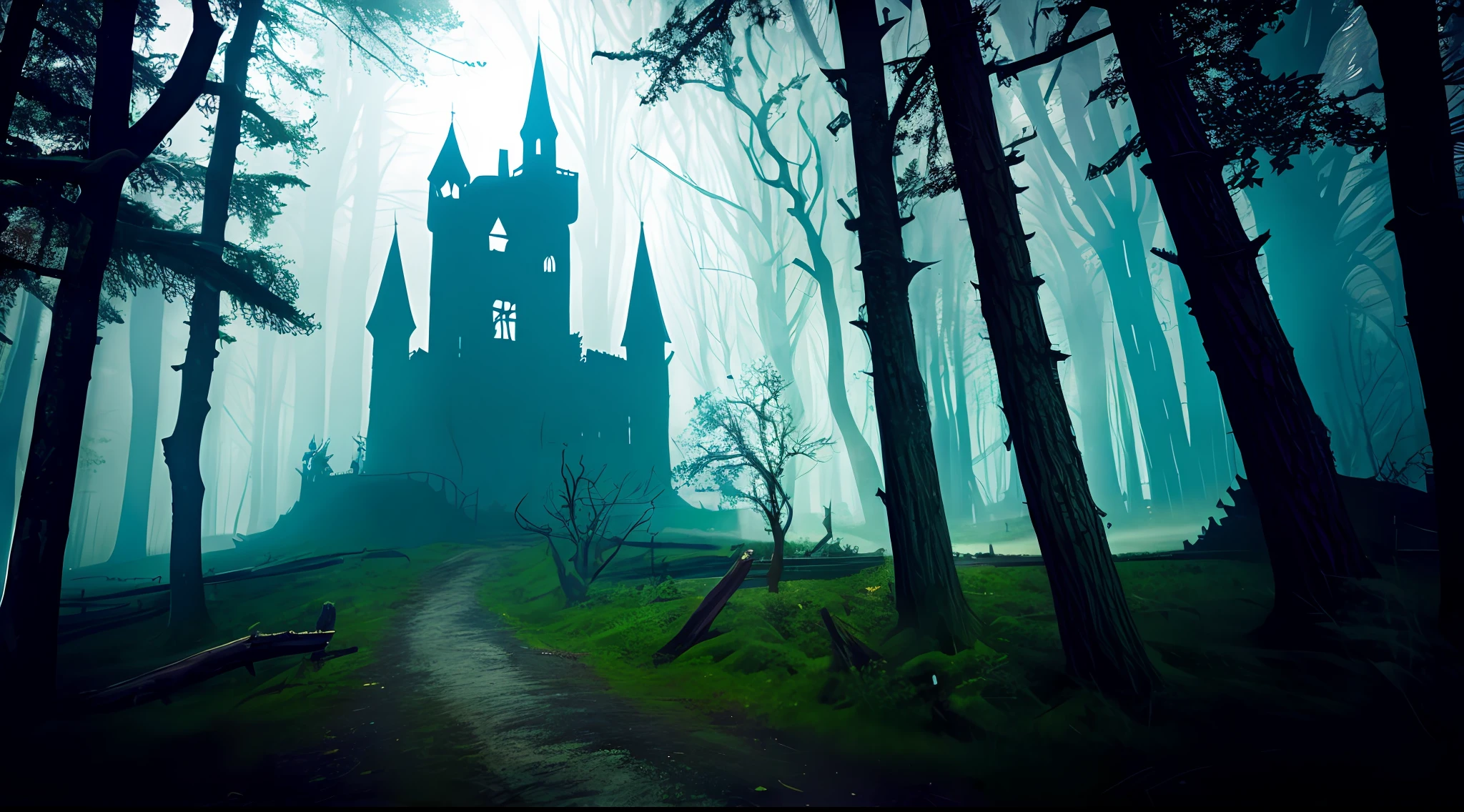 A dark forest haunted by ghosts, witches and werewolves, with a sinister castle looming in the distance, (by classipeint:0.4) and (laxpeintV2:0.7),