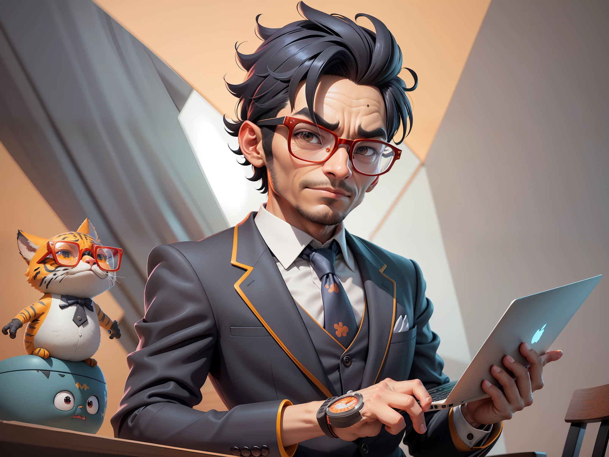 A young man in a suit, Short hair and glasses sat at his desk,holding laptop,digitial painting,tigre,3D character design by Mark Clairen and Pixar and Hayao Miyazaki and Akira Toriyama,4K HD illustration,Very detailed facial features and cartoon-style visuals。