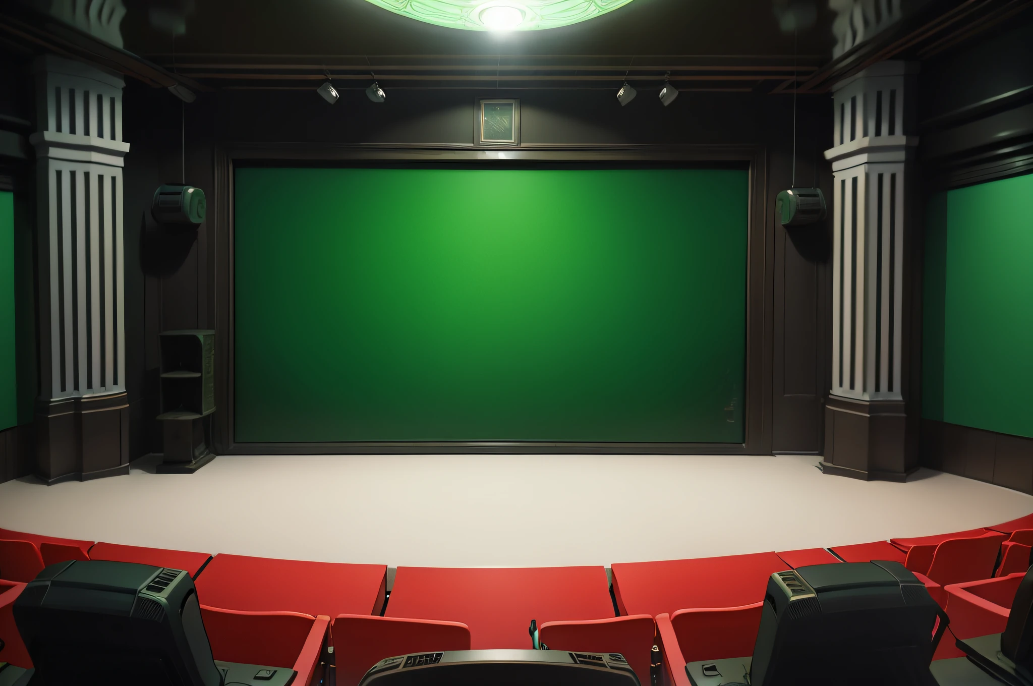 uma tela de cinema verde, uma sala antiga