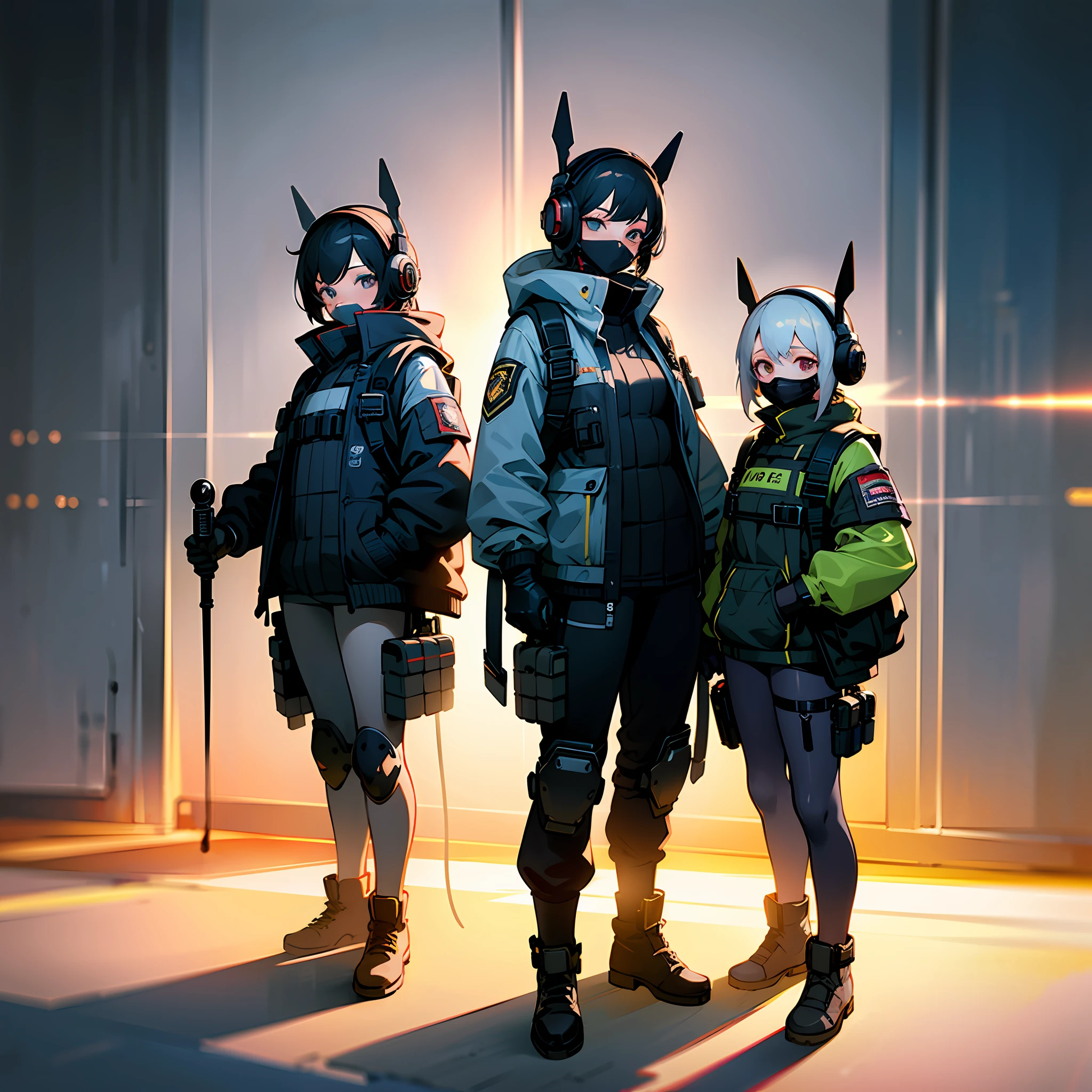 high quality, 8k, 2girls, bulletproof vest, light rays, extremely detailed CG unity 8k wallpaper, game cg, looking at viewer, gloves, boots, full body, watch, computer, mask, drone, holding weapon, headphones, jacket, bag, backpack,