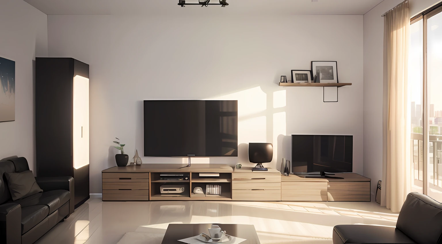 there is a living room with a couch, a tv and a coffee table, realistic afternoon lighting, photorealistic room, vray rendered, rendered lighting, soft lighting 8 k resolution, soft lighting 8k resolution, archviz, realistic cinema 4 d render, realistic 3 d style, soft lighting 8k, detailed archviz render, photo realistic style