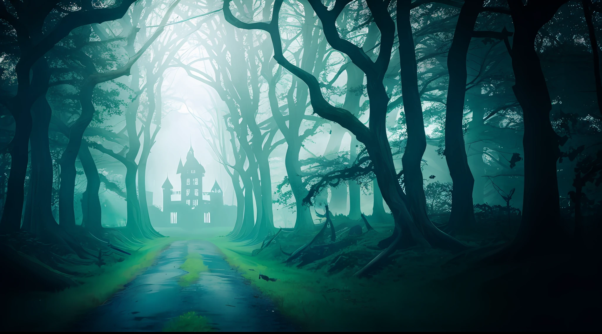 A dark forest haunted by ghosts, witches and werewolves, with a sinister castle looming in the distance, (by classipeint:0.4) and (laxpeintV2:0.7),