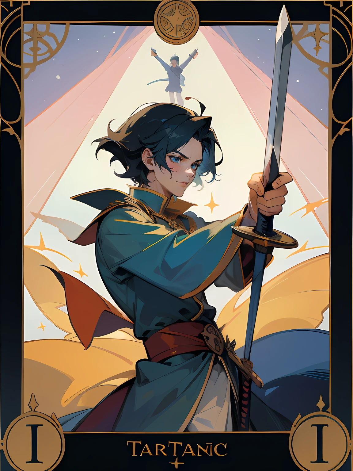 A tarot card with a prince pointing his sword.