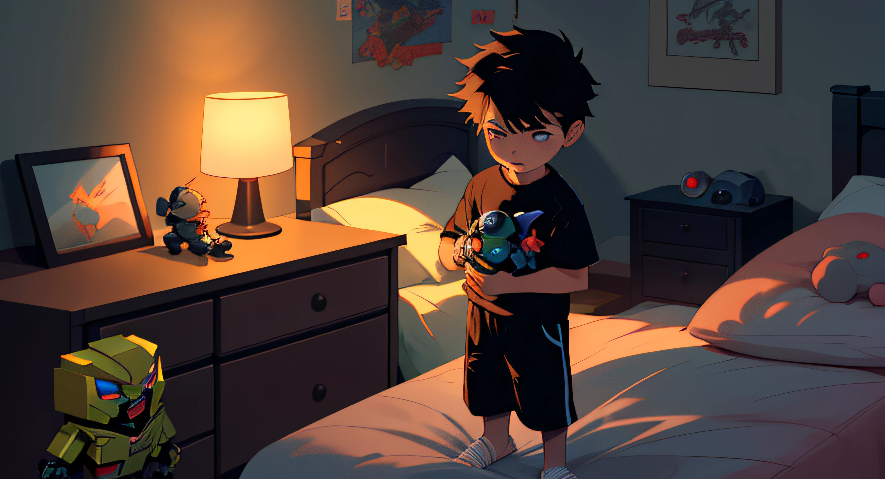 a holds a small transformer toy in his hand and experiences a surge of emotions in his nocturnal bedroom environment.