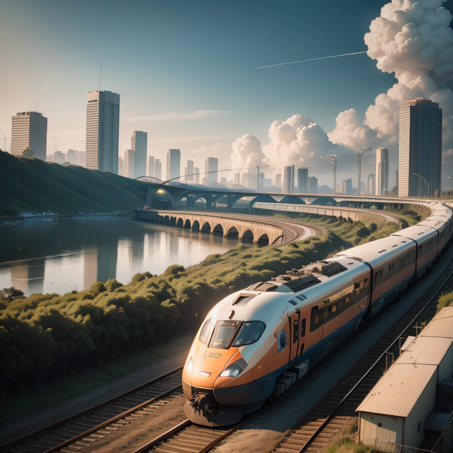 rem bullet passing and in the background a space city - train at full speed - the tracks you can see, no fundo do campo uma cidade futuristica - o trem leva para a inteligencia artificial