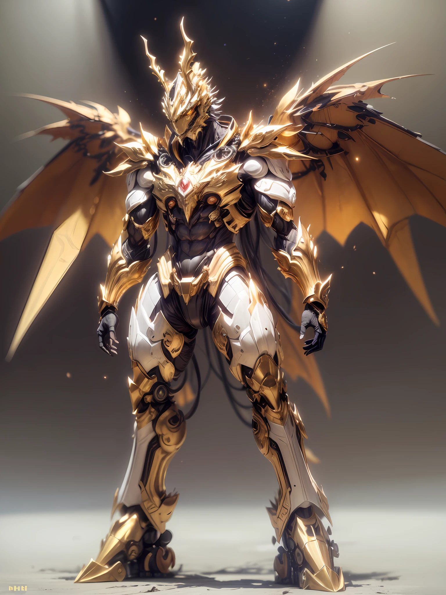 (anthropomorphism:1.5),(Full Body Shot),1 gold Chinese dragon mecha(Mechanical style gold Chinese dragon head, Exquisite Helmet:1.2, muscular limbs, muscular body, Unfold wings made of gold:1.2), Standing on two legs, nobody, Dreamy Glow,clean,white background, ( Global illumination, raytracing, HDR, unreal render,reasonable design, masterpiece, best quality, UHD, Cinematic Lighting)