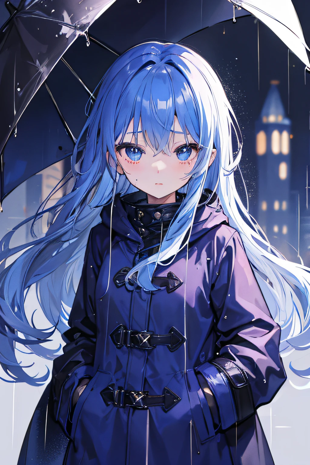 1girl in、nightcity、Sateen、coat、hands in the pocket、​masterpiece、cute  face、Blue Long Hair、Shining eyes、Getting wet in the rain