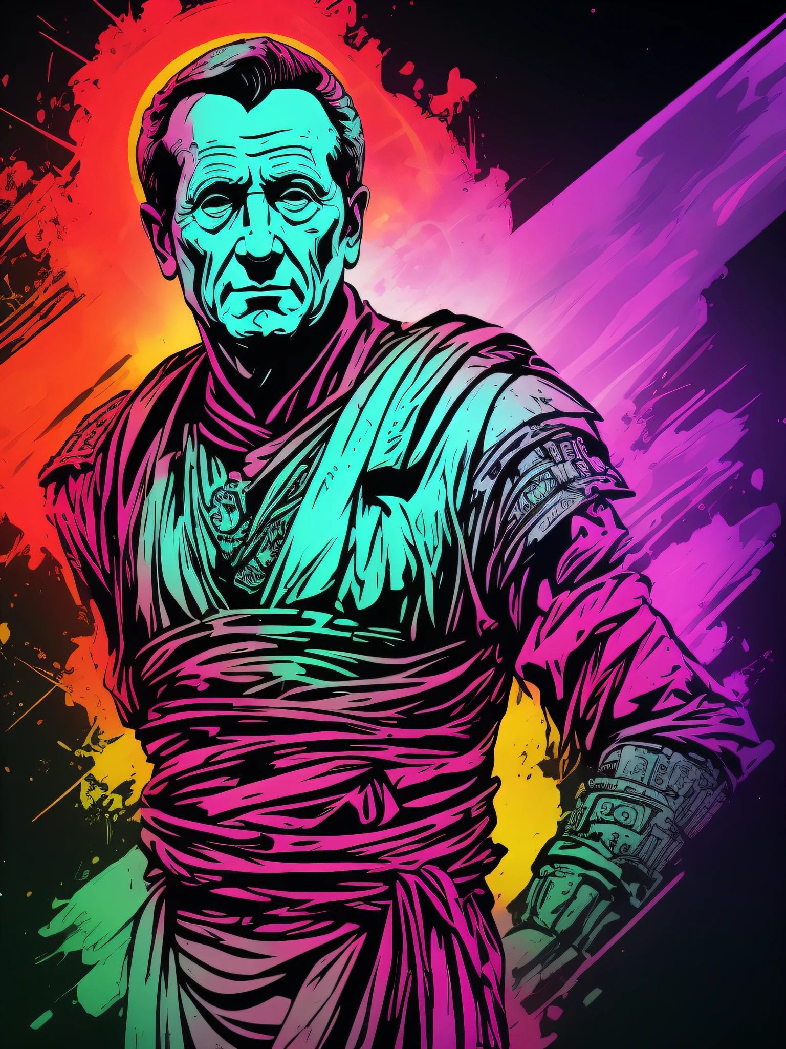 Bust Emperor Julius Caesar, 2D t-shirt art, Cyberpunk, epic illustration, vector, 2d illustration, black background, very colorful, full gradient modern colors, Focused, front view