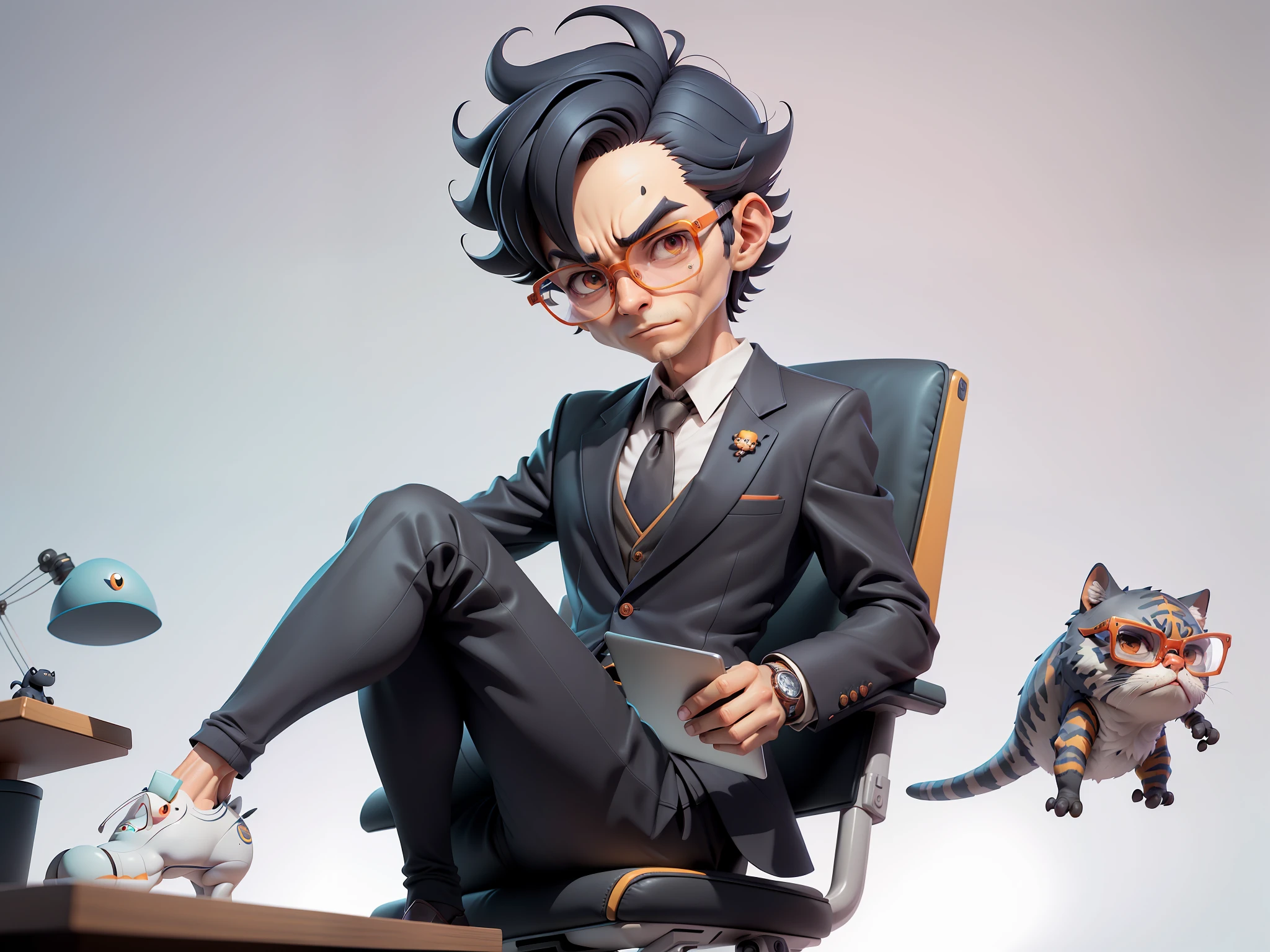 A young man in a suit, Short hair and glasses sat at his desk,holding laptop,digitial painting,tigre,3D character design by Mark Clairen and Pixar and Hayao Miyazaki and Akira Toriyama,4K HD illustration,Very detailed facial features and cartoon-style visuals。