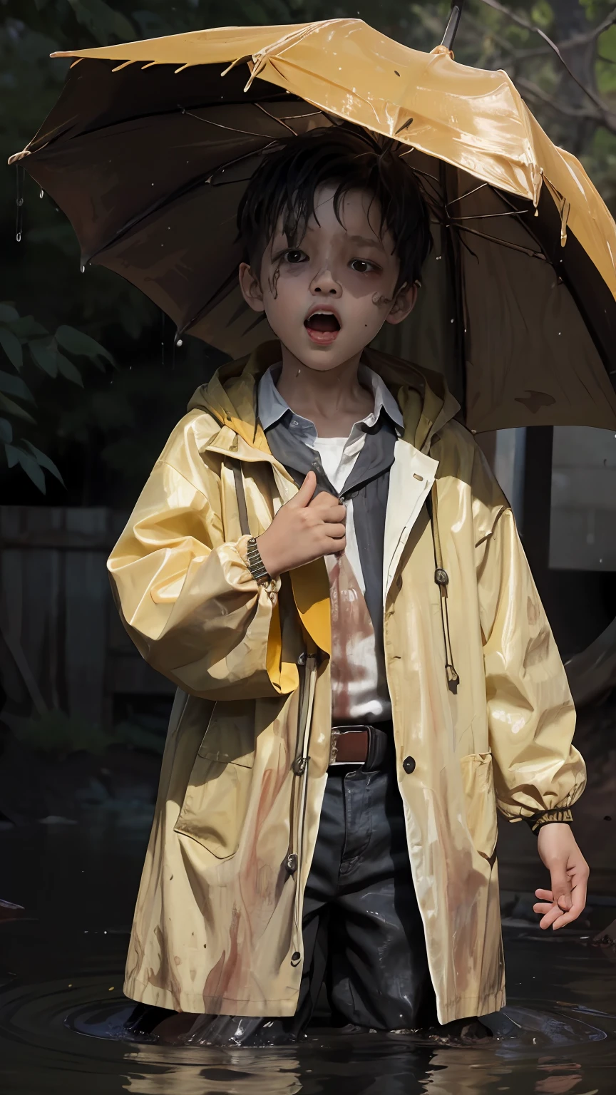 A boy in a yellow raincoat, little boy, screaming and twitching in muddy water, which overlapped his face, Why the screams were partially choked, bubbling.