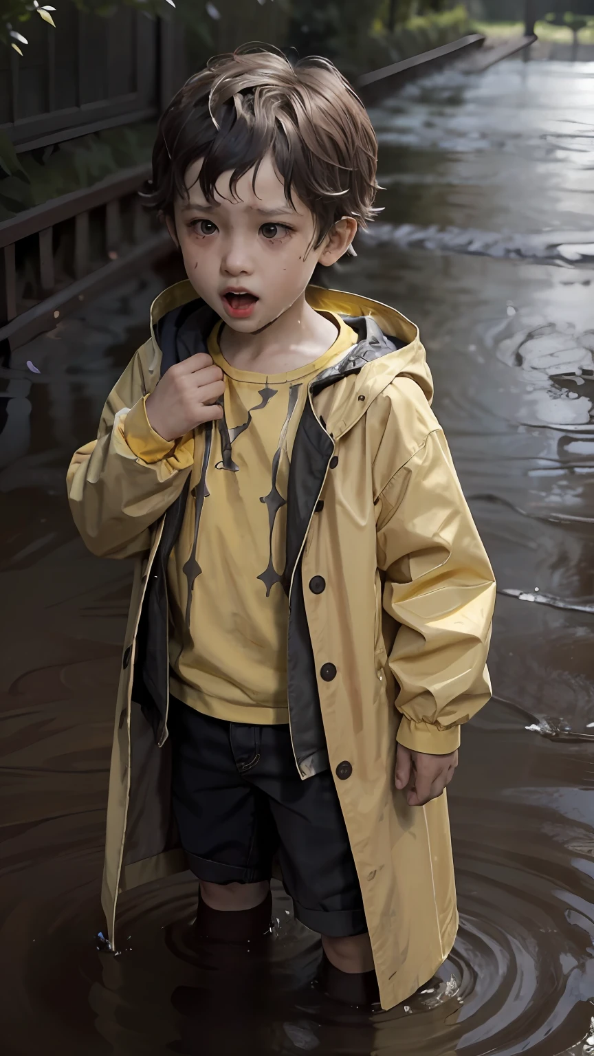 A boy in a yellow raincoat, , screaming and twitching in muddy water, which overlapped his face, Why the screams were partially choked, bubbling.