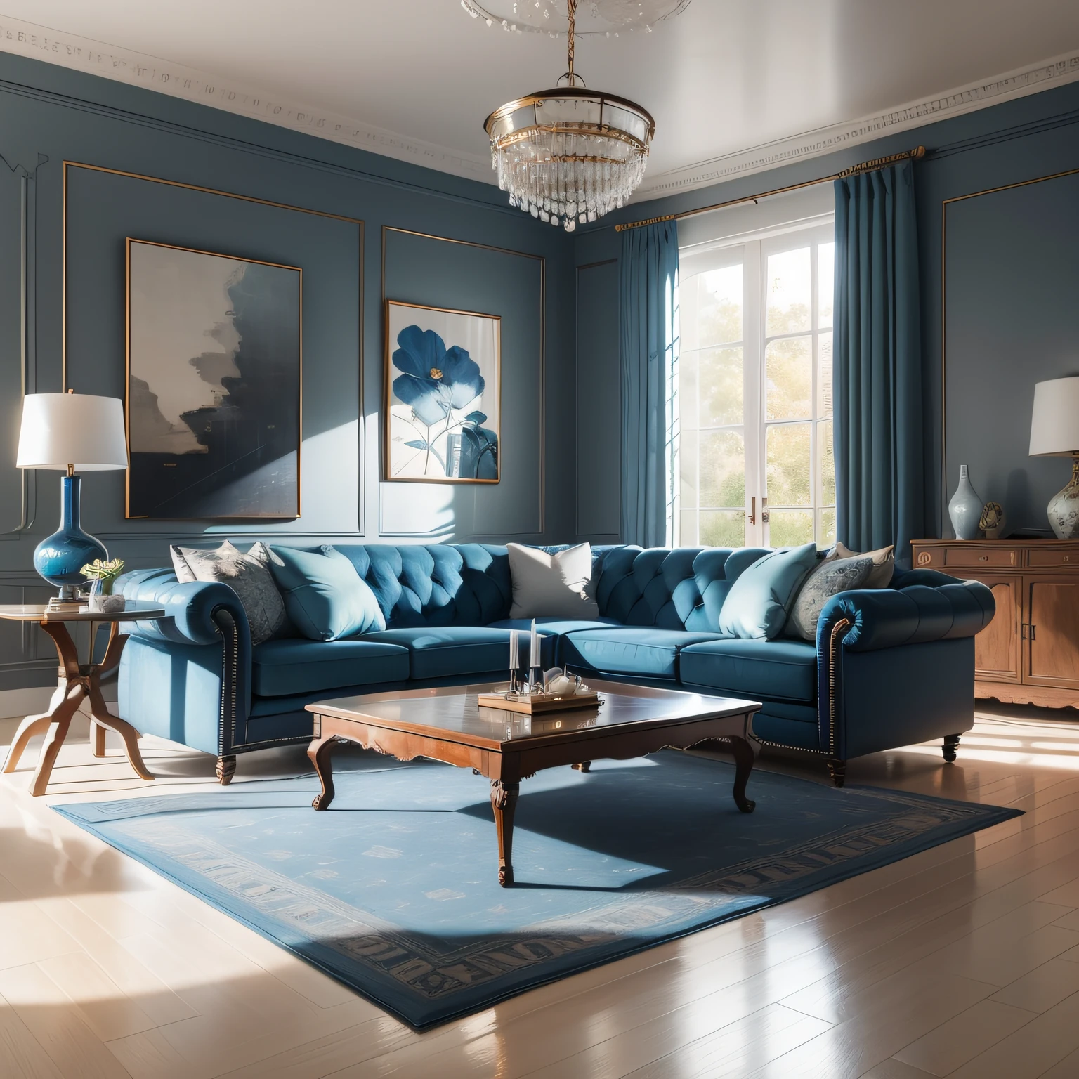 Uma sala contemporanea em tons de cinza. Blue oil sofas and grey armchairs with blue cushions, sobrre tapete floral, Candeeiro suspenso de cristal. Quadro grande abstrato na pared esquerda, imagem hiperrealista,