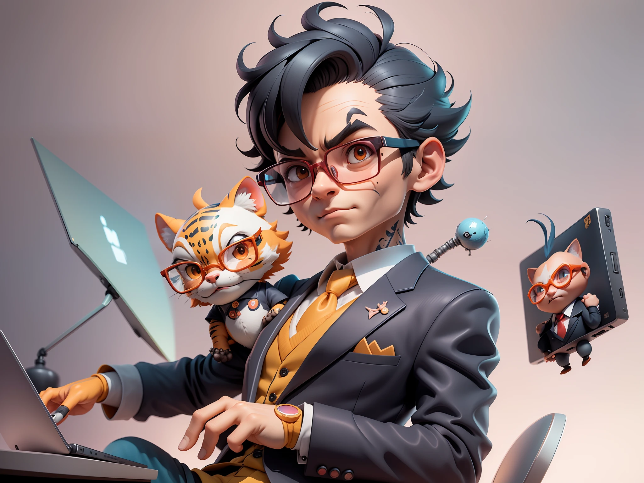 A young man in a suit, Short hair and glasses sat at his desk，holding laptop，digitial painting，tigre，3D character design by Mark Clairen and Pixar and Hayao Miyazaki and Akira Toriyama，4K HD illustration，Very detailed facial features and cartoon-style visuals。