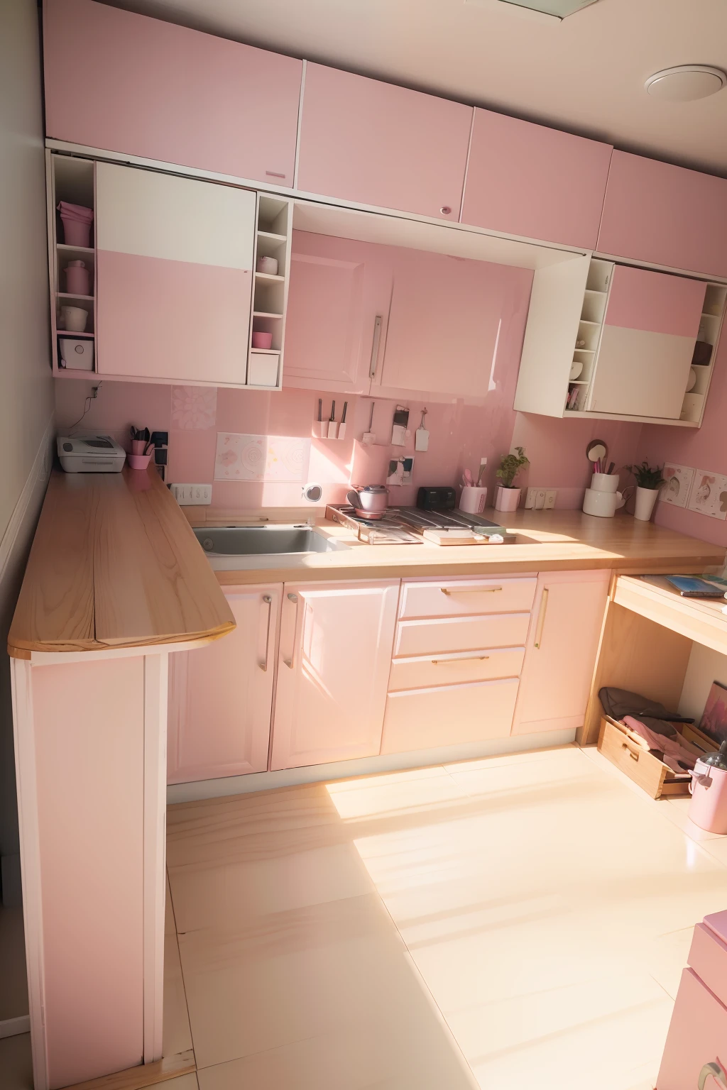 ((Mueble pintado unicamente en 2 tonos de color rosa)), ventana ennla pared detras de la mesada dejando entrar mucha luz del sol, imagen realistica, obra maestra