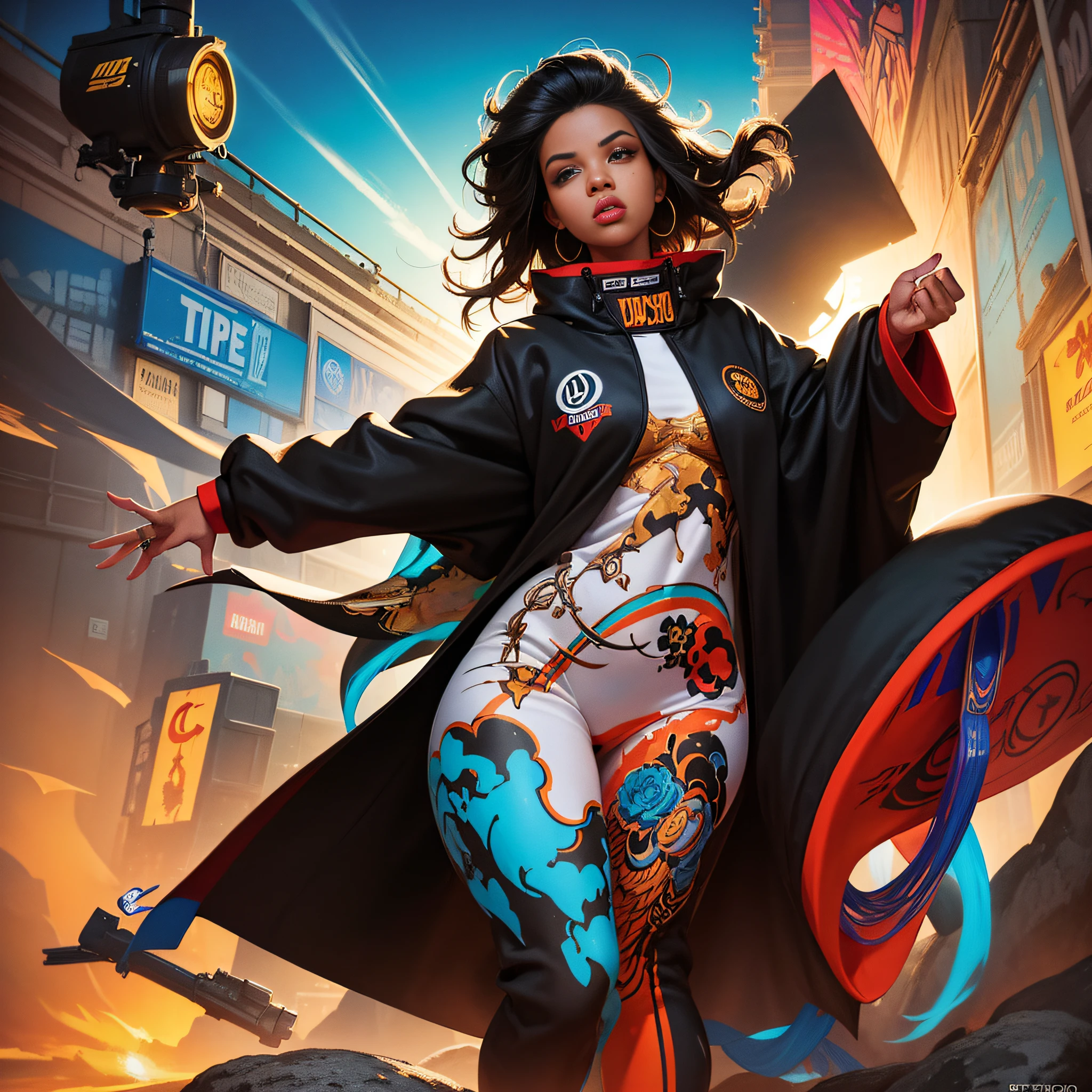 illustration A Beautiful black Woman::1 full body hiphop streetwear drip, tristan eaton, victo ngai, artgerm, rhads, ross draws HDR,Detailed, cinematic, photography, realistic painting, design by Levester Sylvester Lemon Octane render