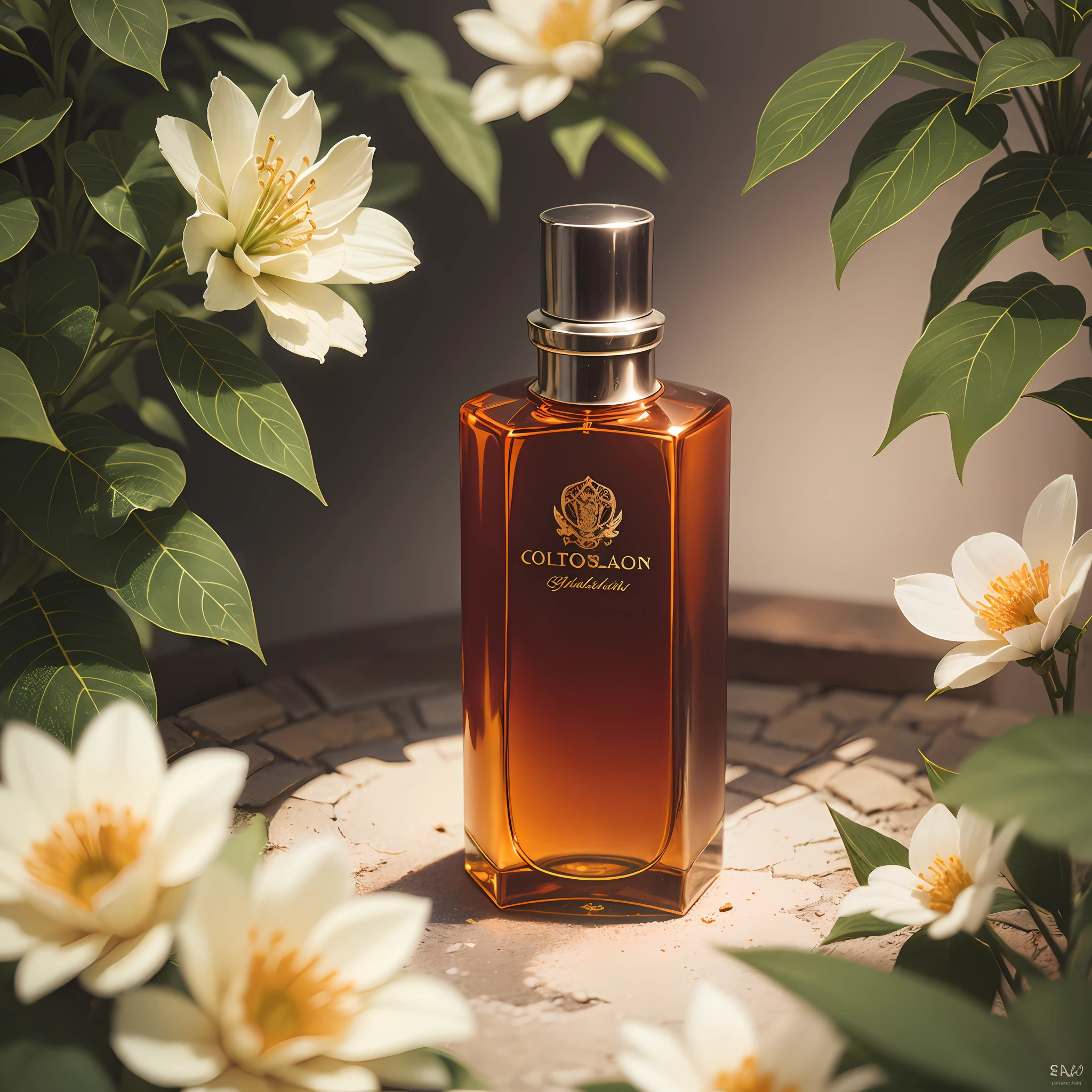 a bottle Egyptian Orange Blossom Perfume in a Luminous Garden with vibrant floral bouquet, sensual vanilla and sandalwood, in realistic style, phase one photography 35mm lens --auto --s2