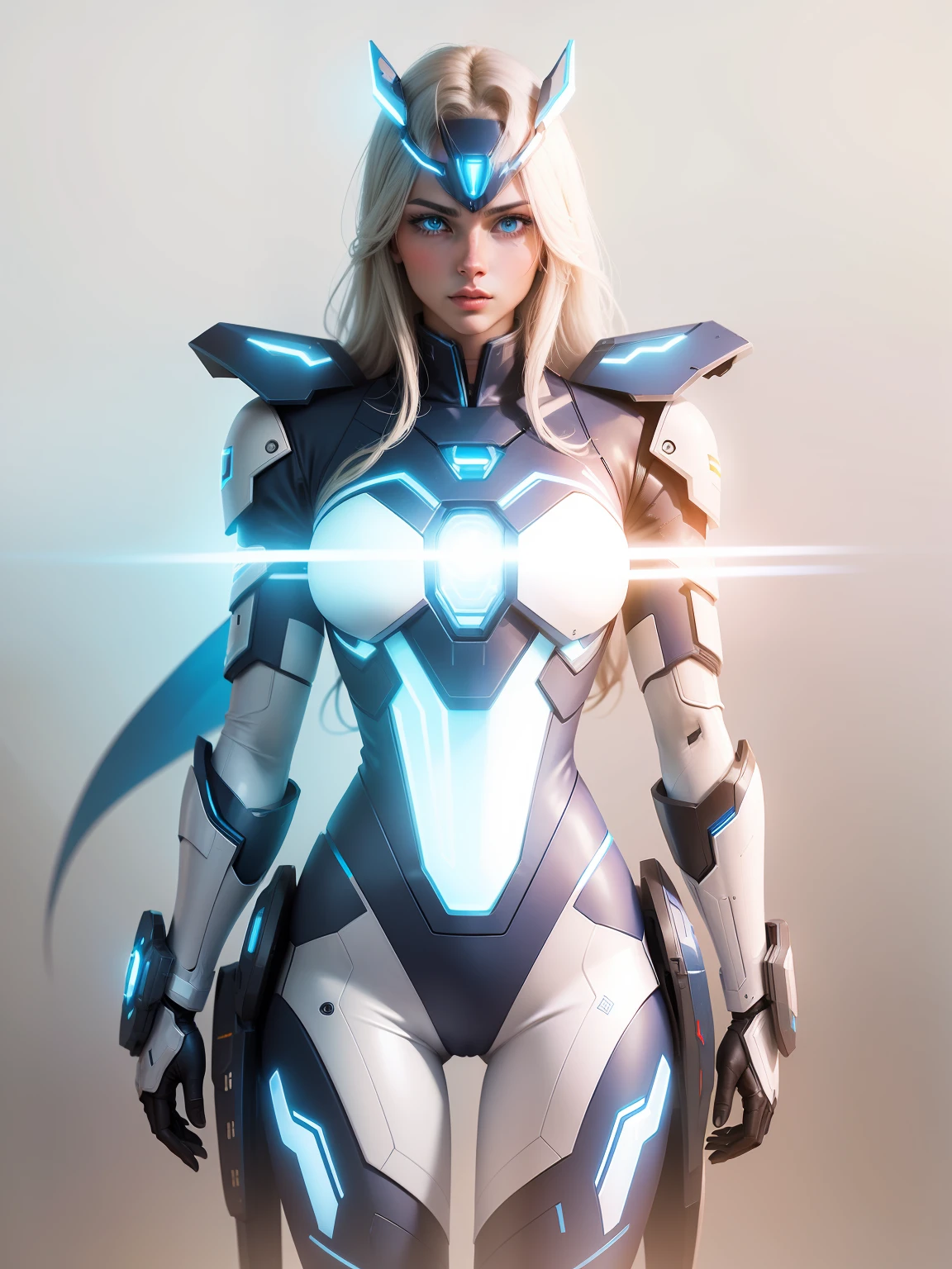 Futuristic blue neon robotic costume super powerful savior hero of all futuristic utopia, HD, 8k