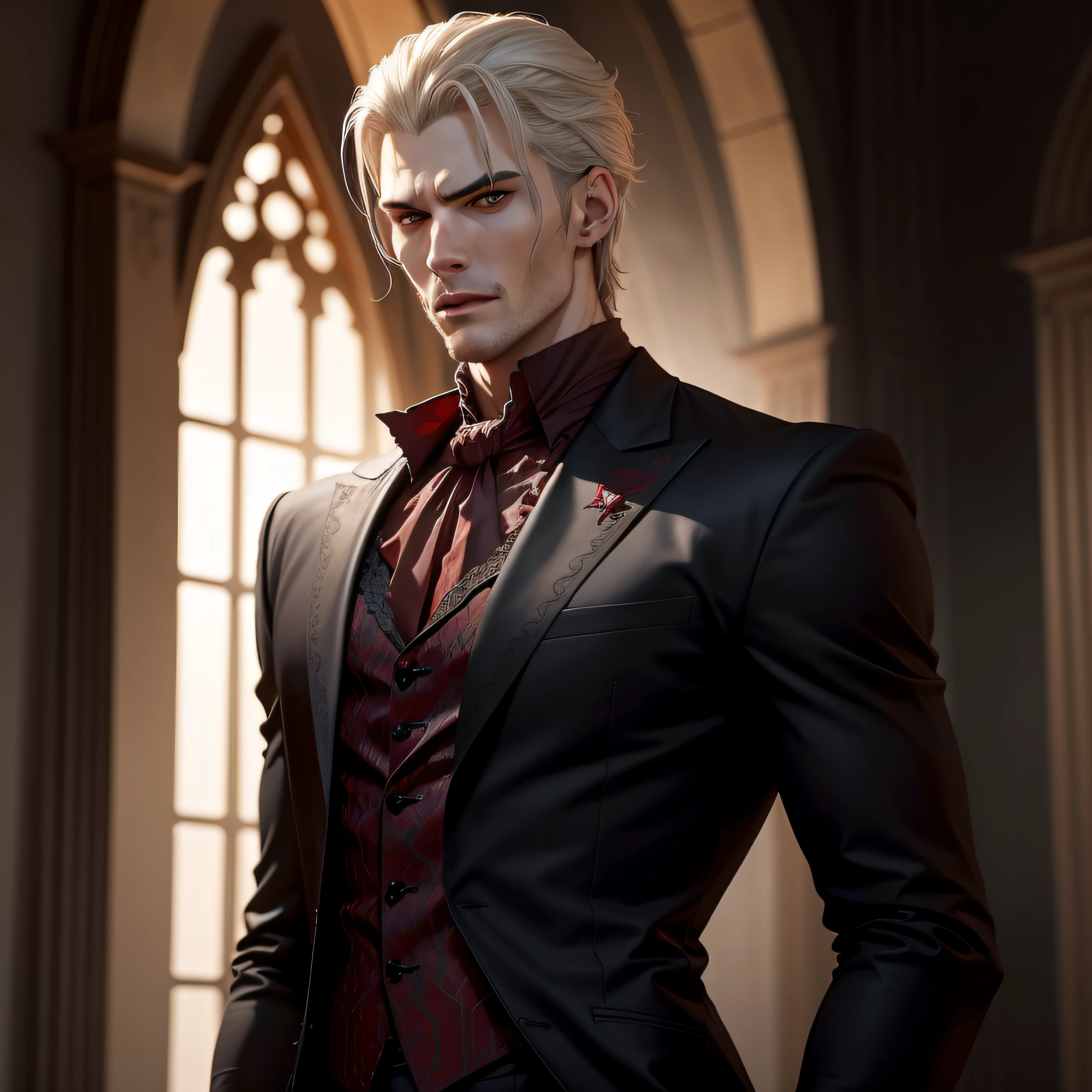 tall man with vampire and demon appearance. De cabelos pretos e olhos de cor vermelho como fogo. Traits inspired by the Character Klaus Mikaelson.