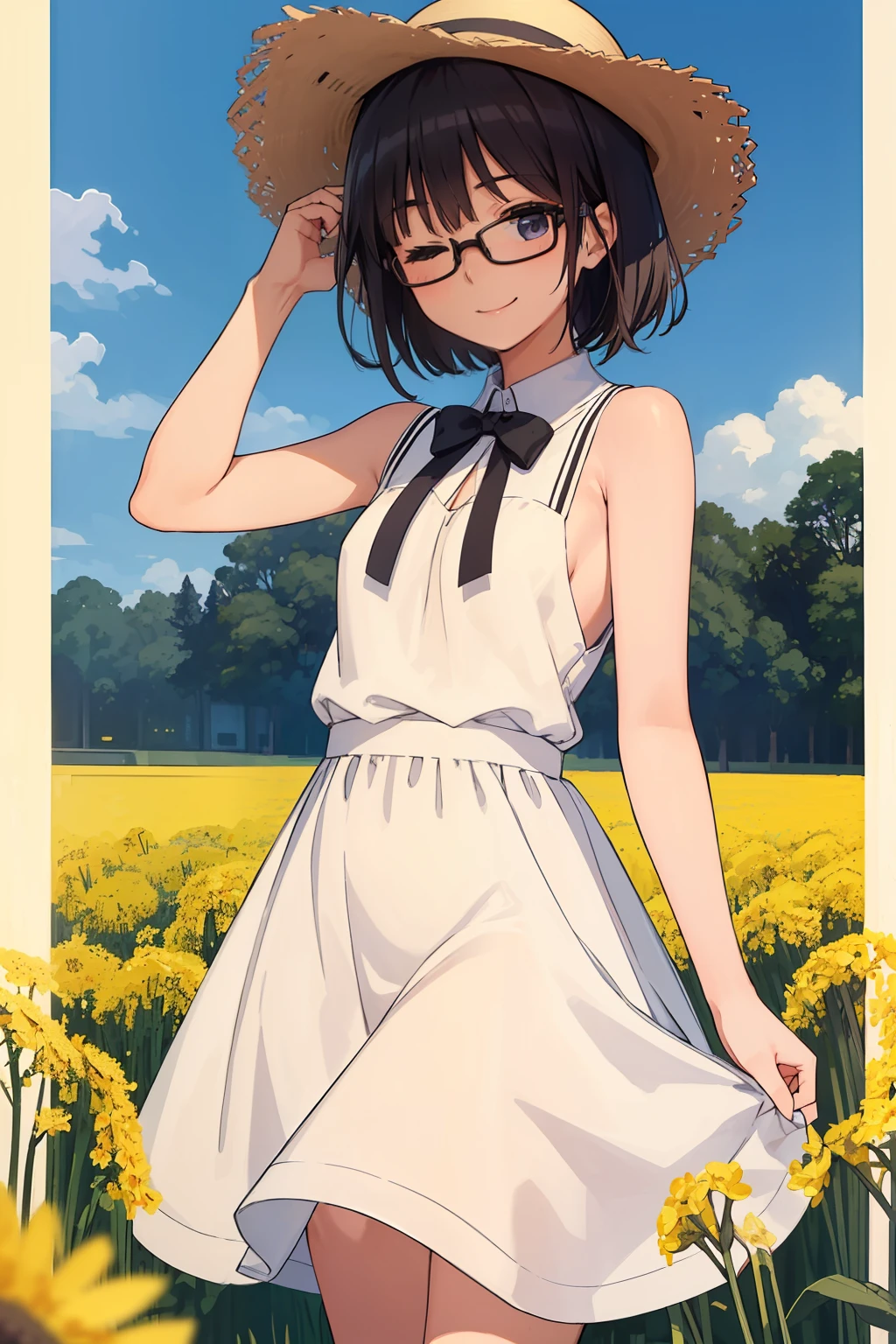 (1 Junior High School Girl、A dark-haired、short-hair、straight haired、hair adornments、eye closed、A smile、Black glasses、small tits、cute  face)、​masterpiece、top-quality、a straw fedora hat、sleeveless dresses、Rapeseed flowers all around