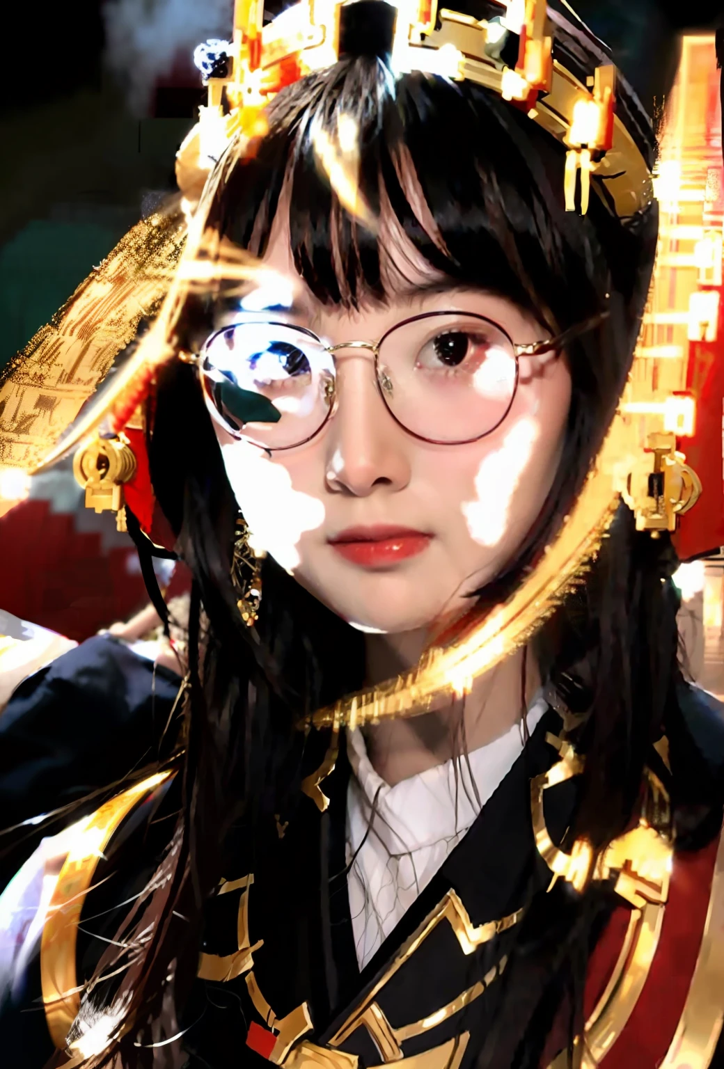 best quality, master piece
face, glasses, close_up, portrait_photo,
red and gold dress, hanfu, Chinese clothes,